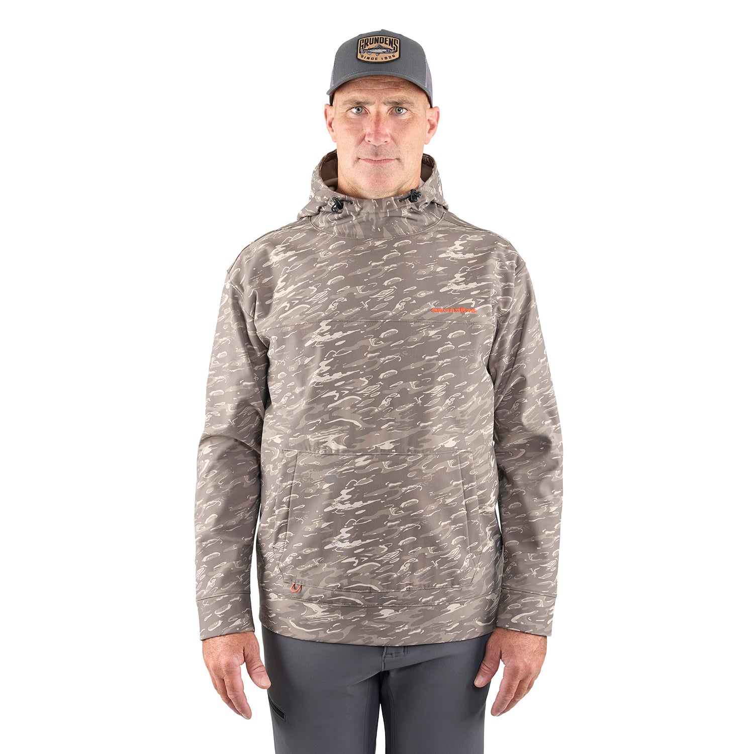 Hooded pullover hoodie in a light brown pattern with a front pocket and logo detail.