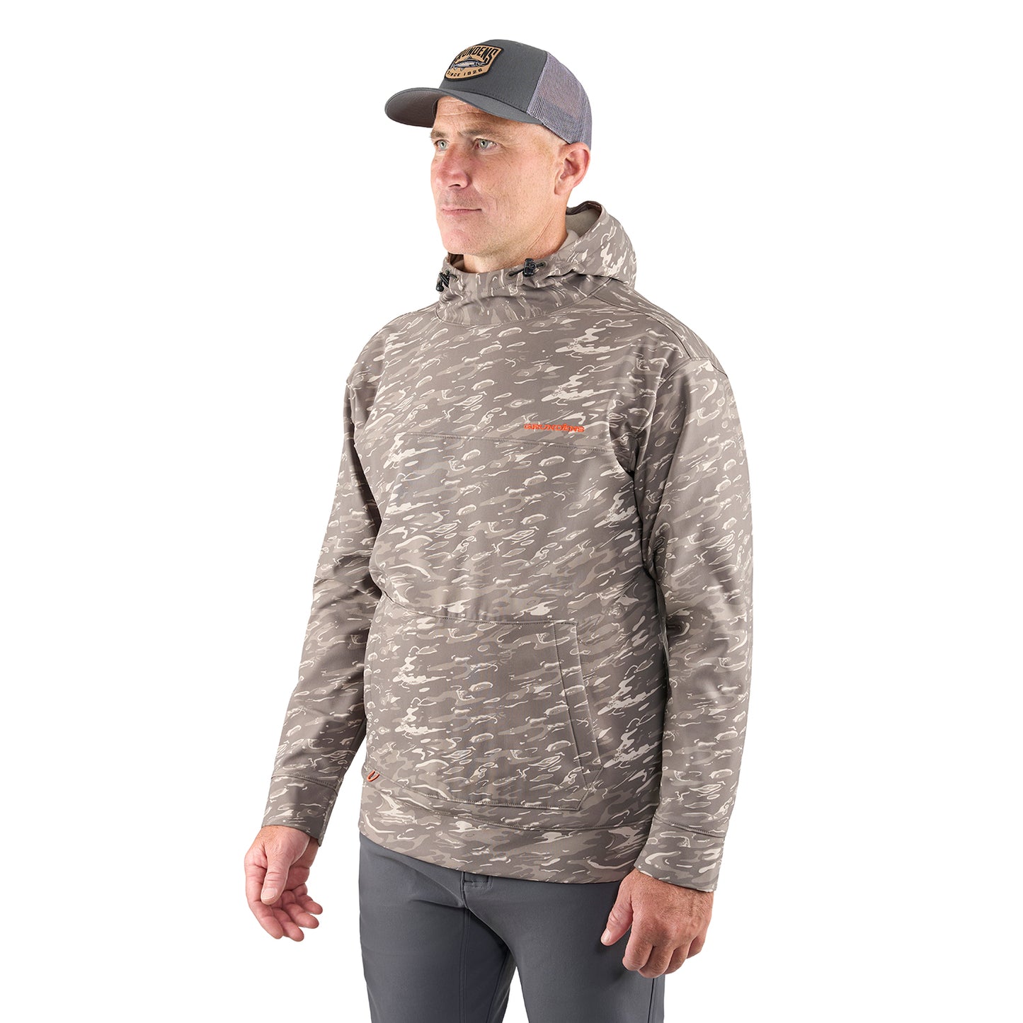 Hooded sweatshirt in a light gray camouflage pattern, featuring a front pocket and adjustable drawstring.