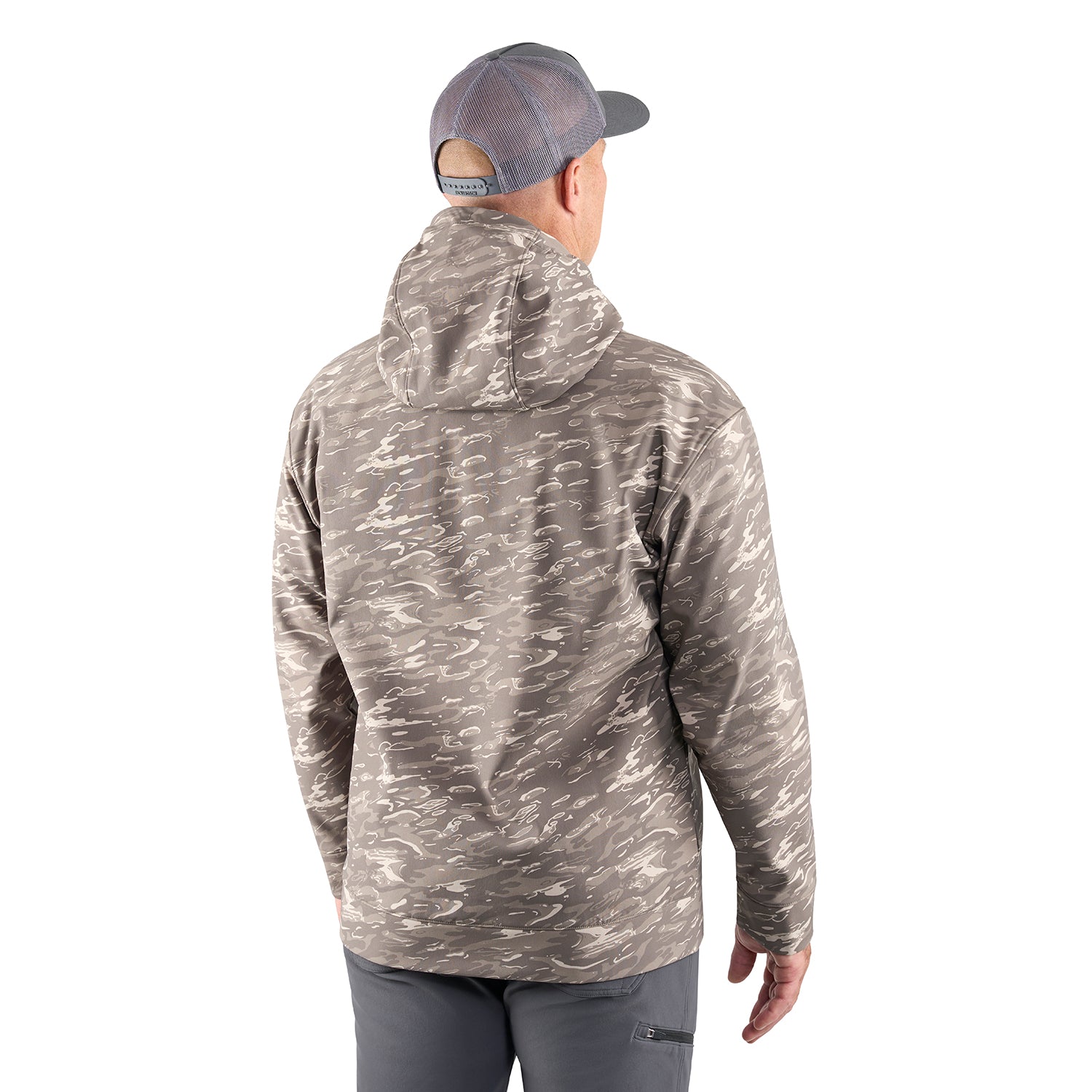 Hooded hoodie in a camouflage pattern, viewed from the back, worn with a cap.