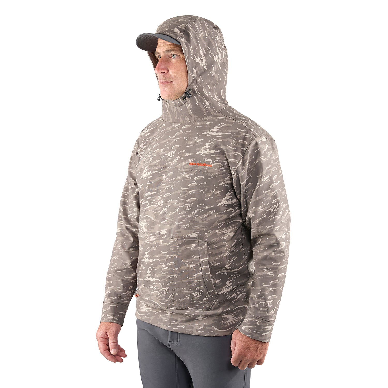 Hooded gray camouflage hoodie with a front pocket and adjustable drawstring, worn by a man.