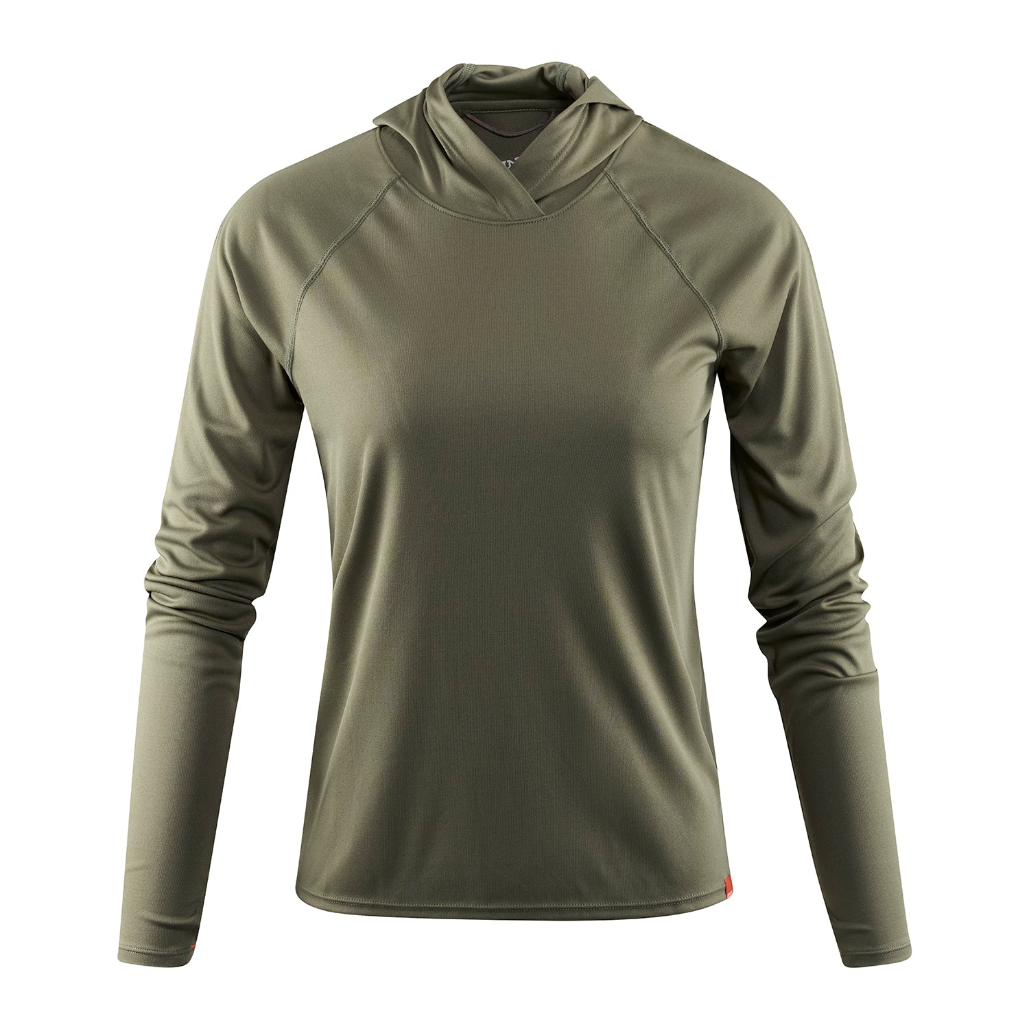 Long-sleeve women's hoodie in olive green with a relaxed fit and a hood.