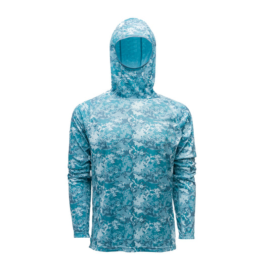 Hooded long-sleeve hoodie in a blue camouflage pattern with a fitted design.