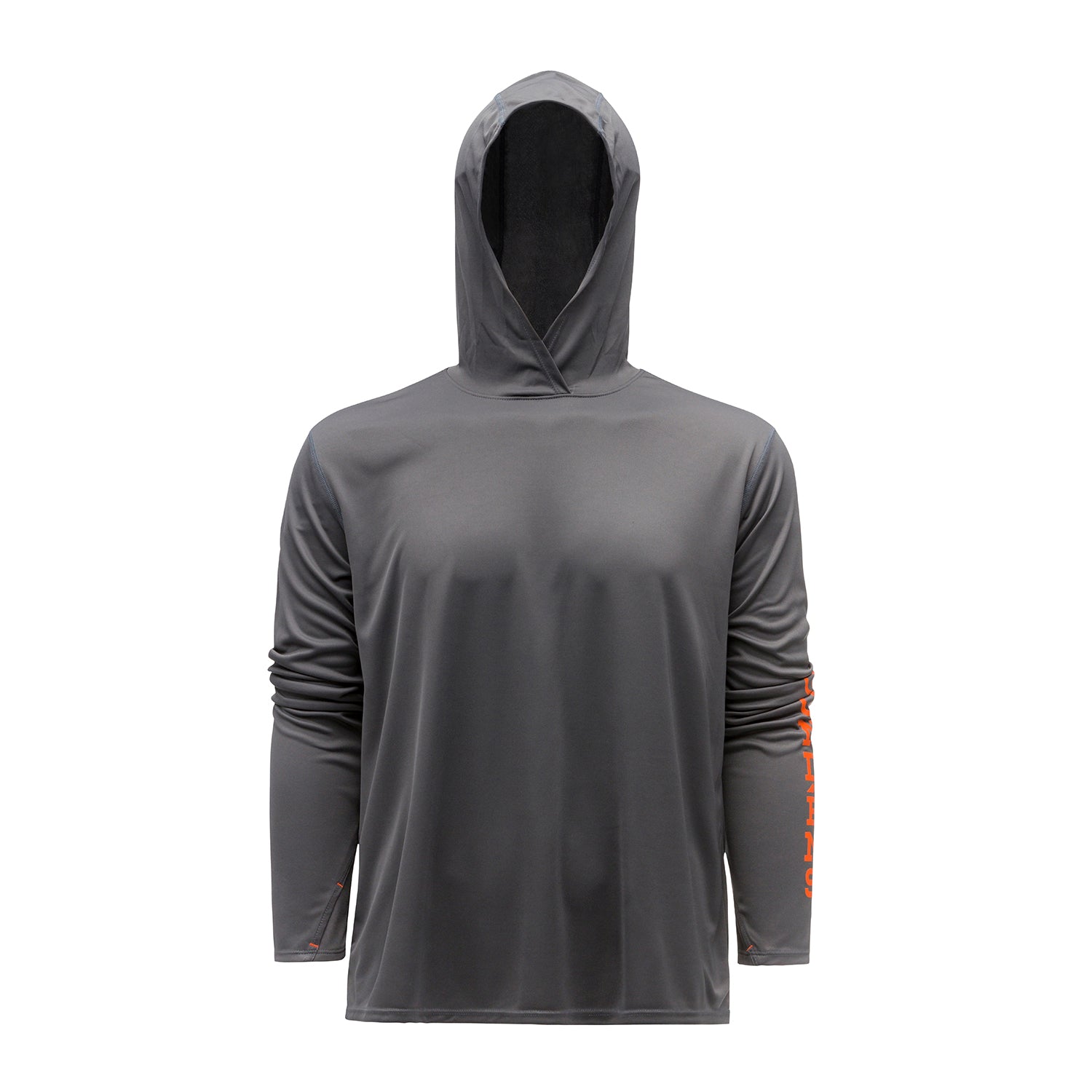 Gray long-sleeve hoodie with a front pocket and a hood, featuring orange text on the left sleeve.