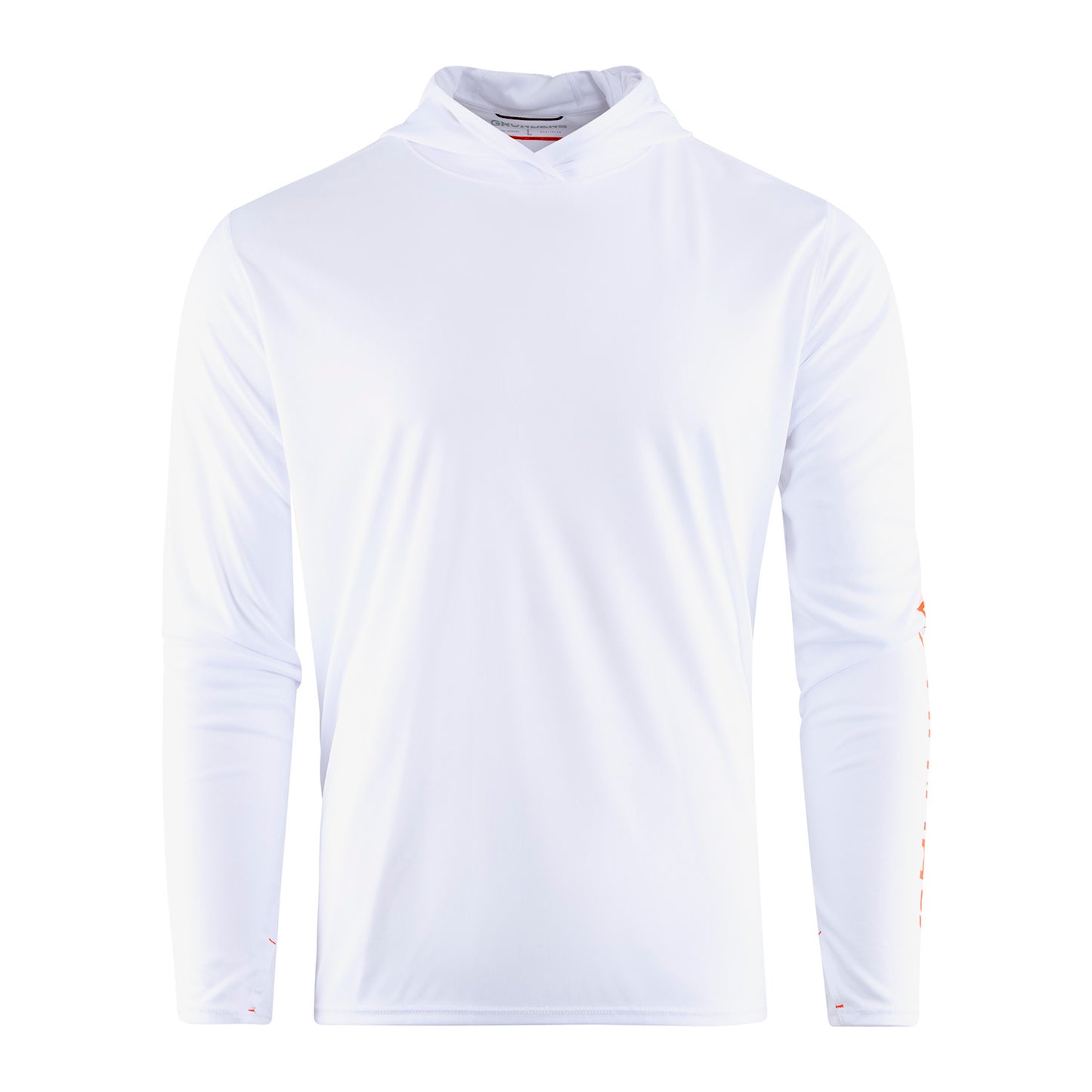 Long-sleeve white hoodie with a front pocket and orange detailing on the sleeve.