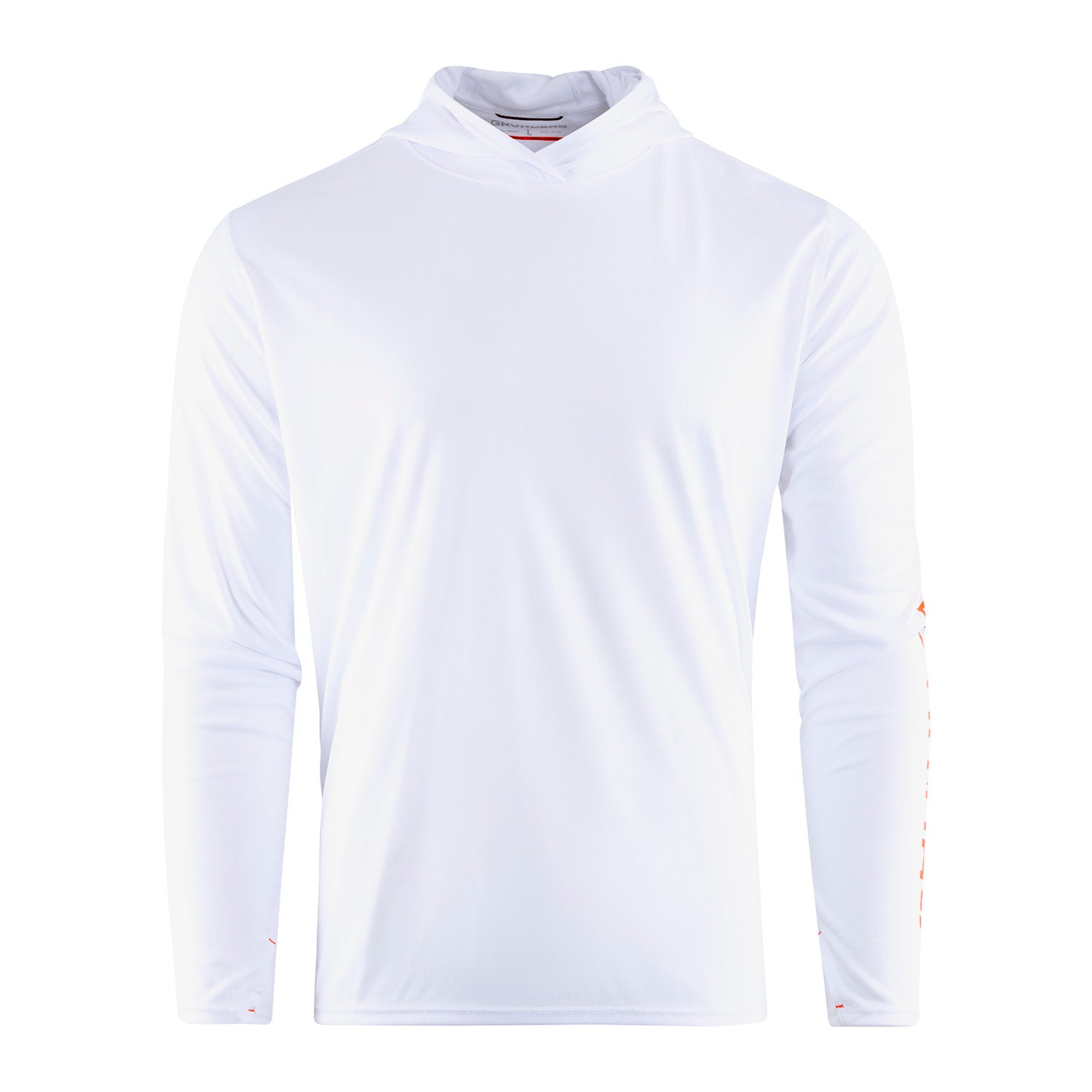 Long-sleeve white hoodie with a front pocket and orange detailing on the sleeve.