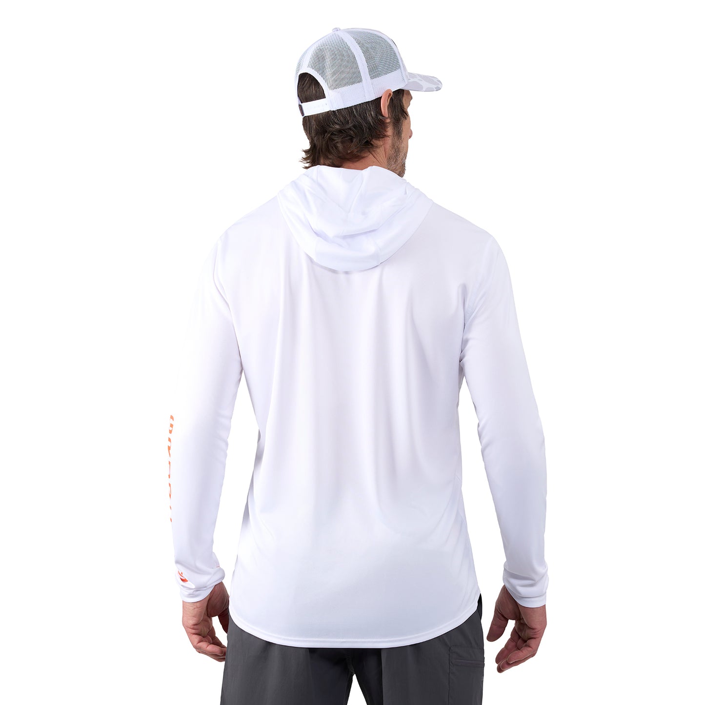 White long-sleeve hoodie with a hood, worn by a person facing away, paired with a gray cap.