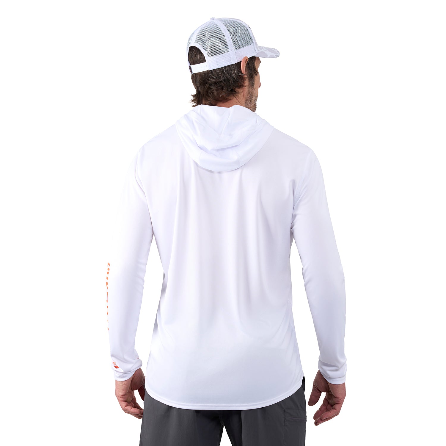 White long-sleeve hoodie with a hood, worn by a person facing away, paired with a gray cap.