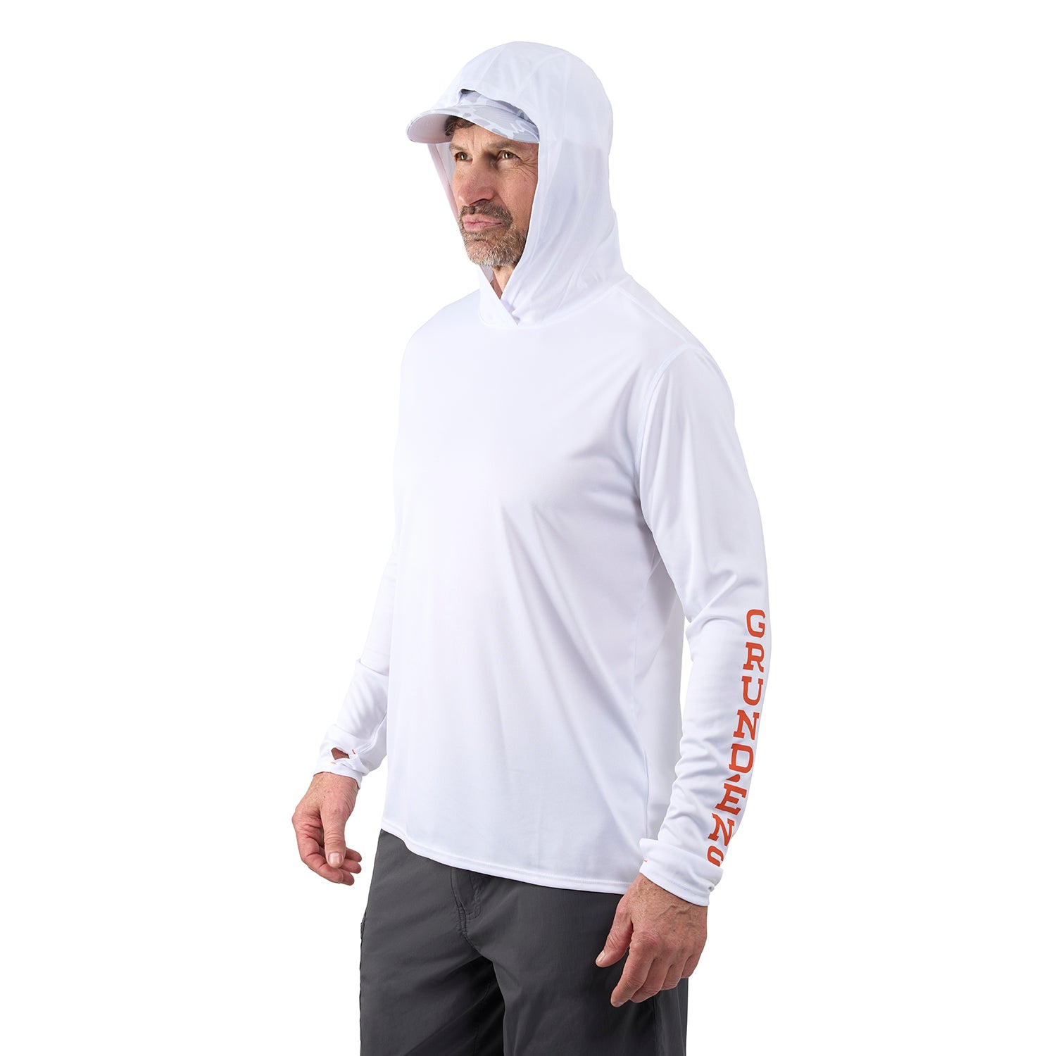 White long-sleeve hoodie with a hood and "GRUNDENS" printed in orange on the sleeve, worn by a man.