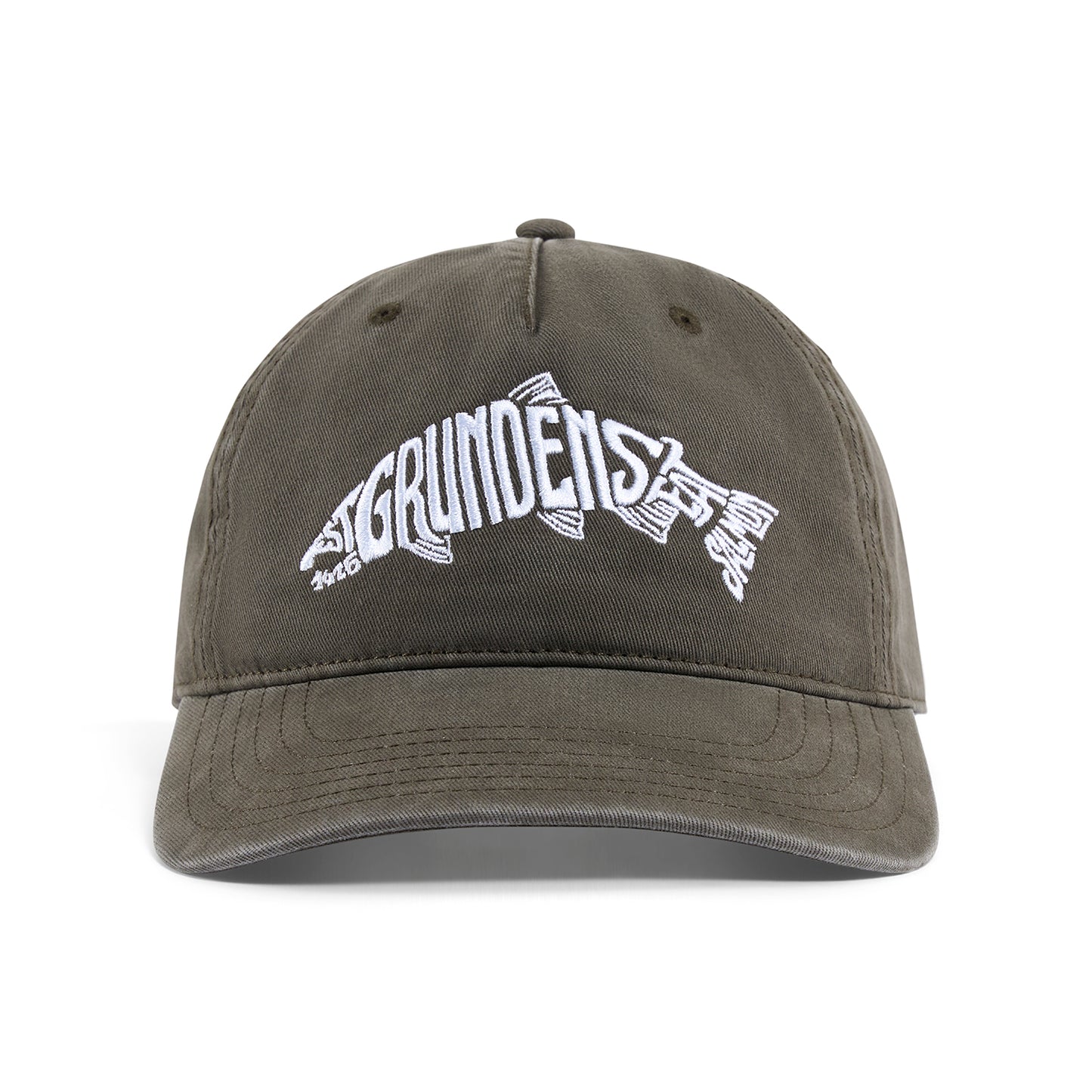 Olive green trucker hat featuring white embroidered text and fish design.