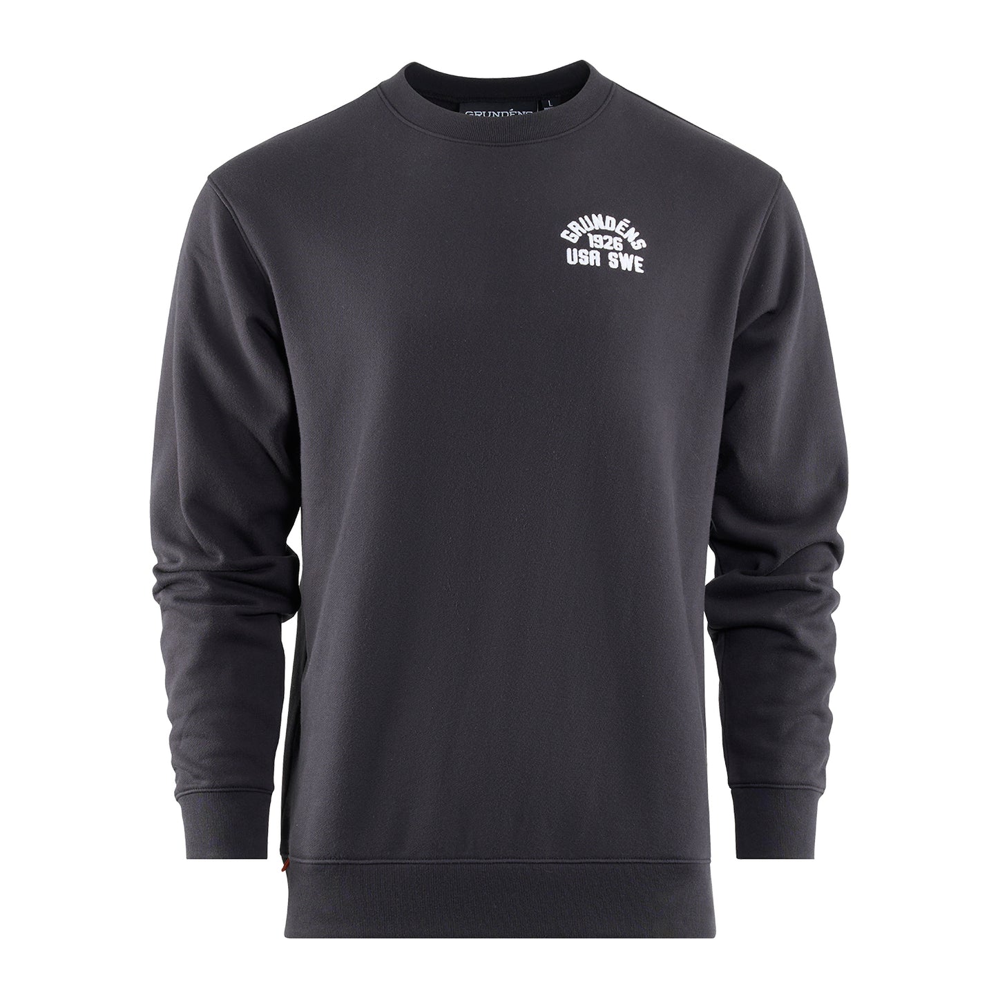 Black crew sweatshirt with a round neckline and white text logo on the chest.