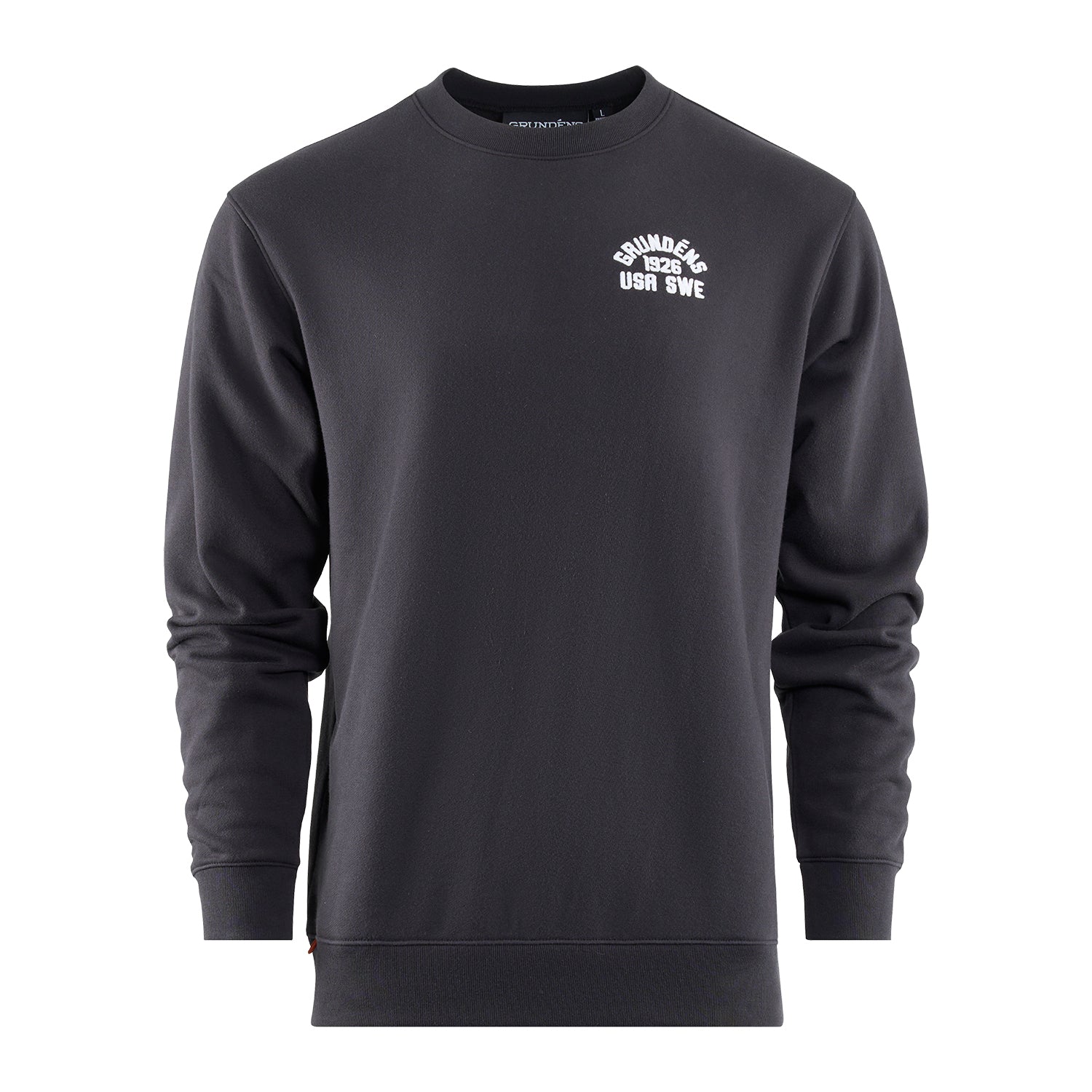 Black crew sweatshirt with a round neckline and white text logo on the chest.
