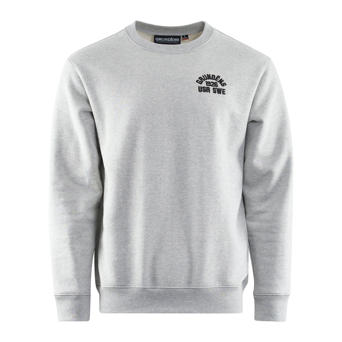 Gray crew sweatshirt with a round neckline and "GRUNDÉNS 1926 USA SWE" printed on the front.
