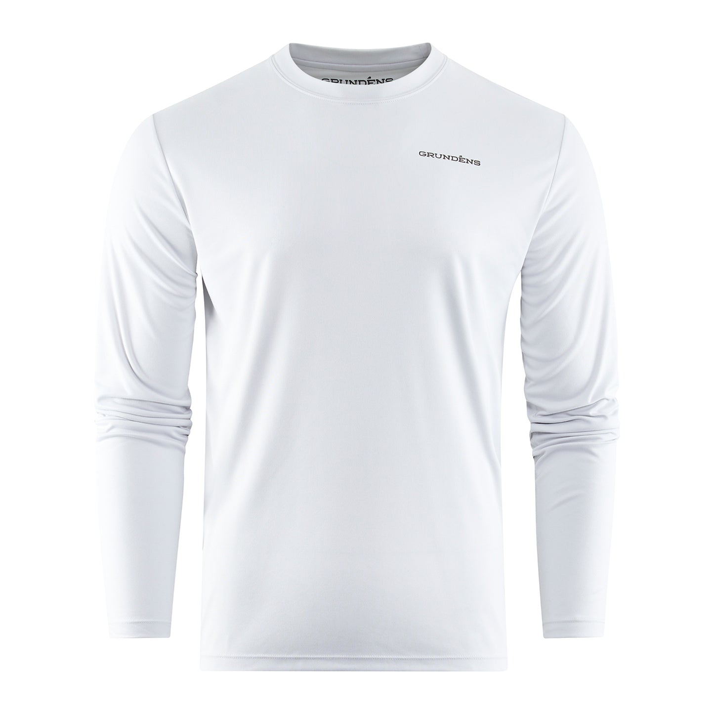 Long-sleeve white technical tee with a crew neck and logo on the chest.