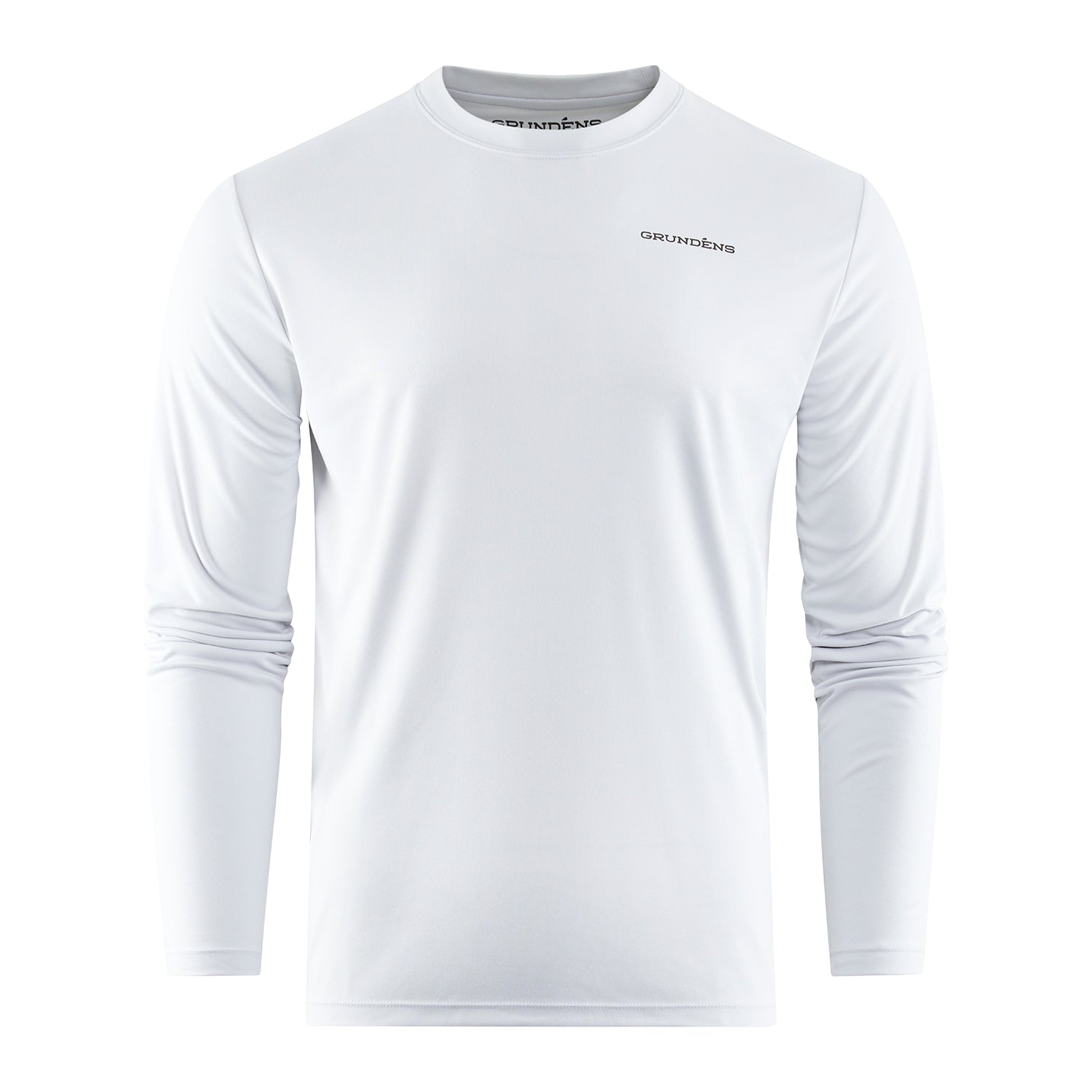 Long-sleeve white technical tee with a crew neck and logo on the chest.