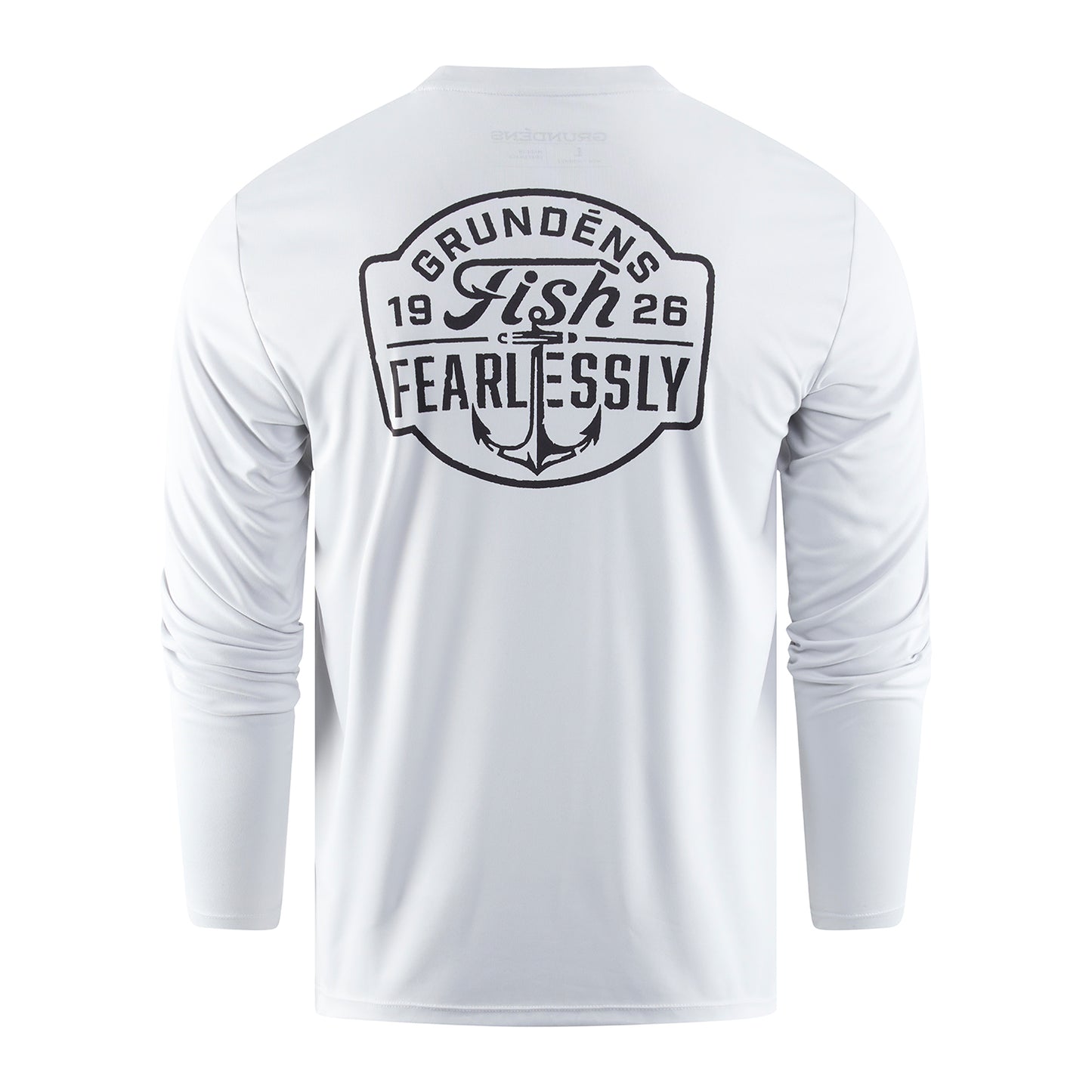 Long-sleeve white tech tee featuring a black graphic with "Fish Fearlessly" and an anchor design on the back.