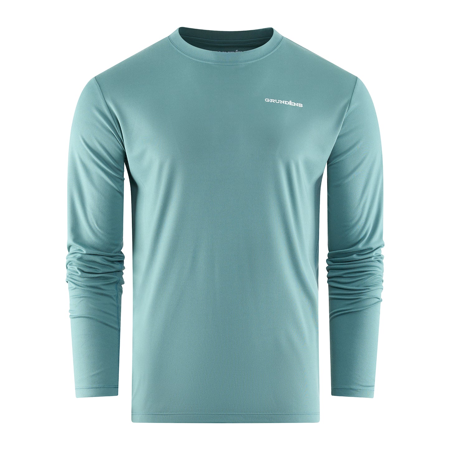 Long-sleeve, light blue technical tee with a crew neck and logo on the chest.