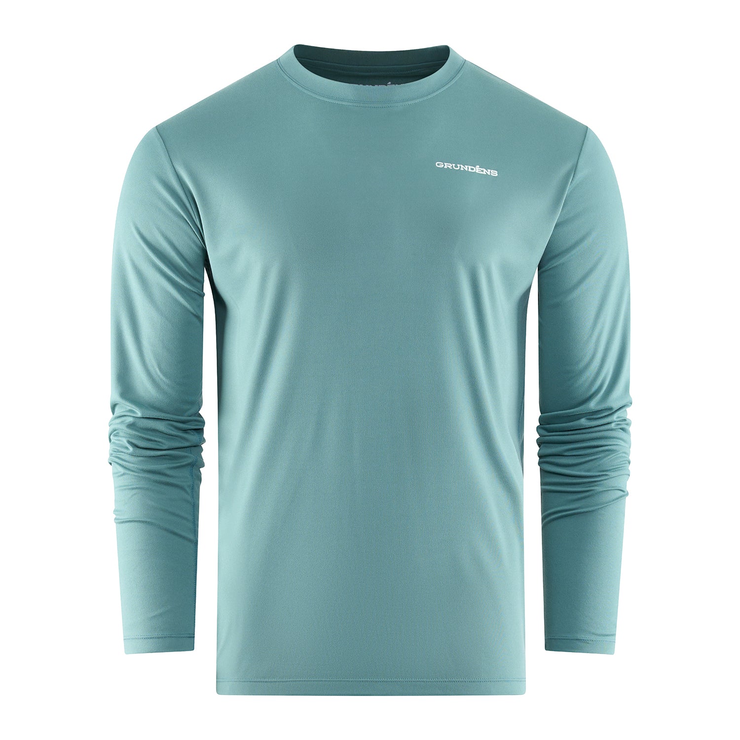 Long-sleeve, light blue technical tee with a crew neck and logo on the chest.