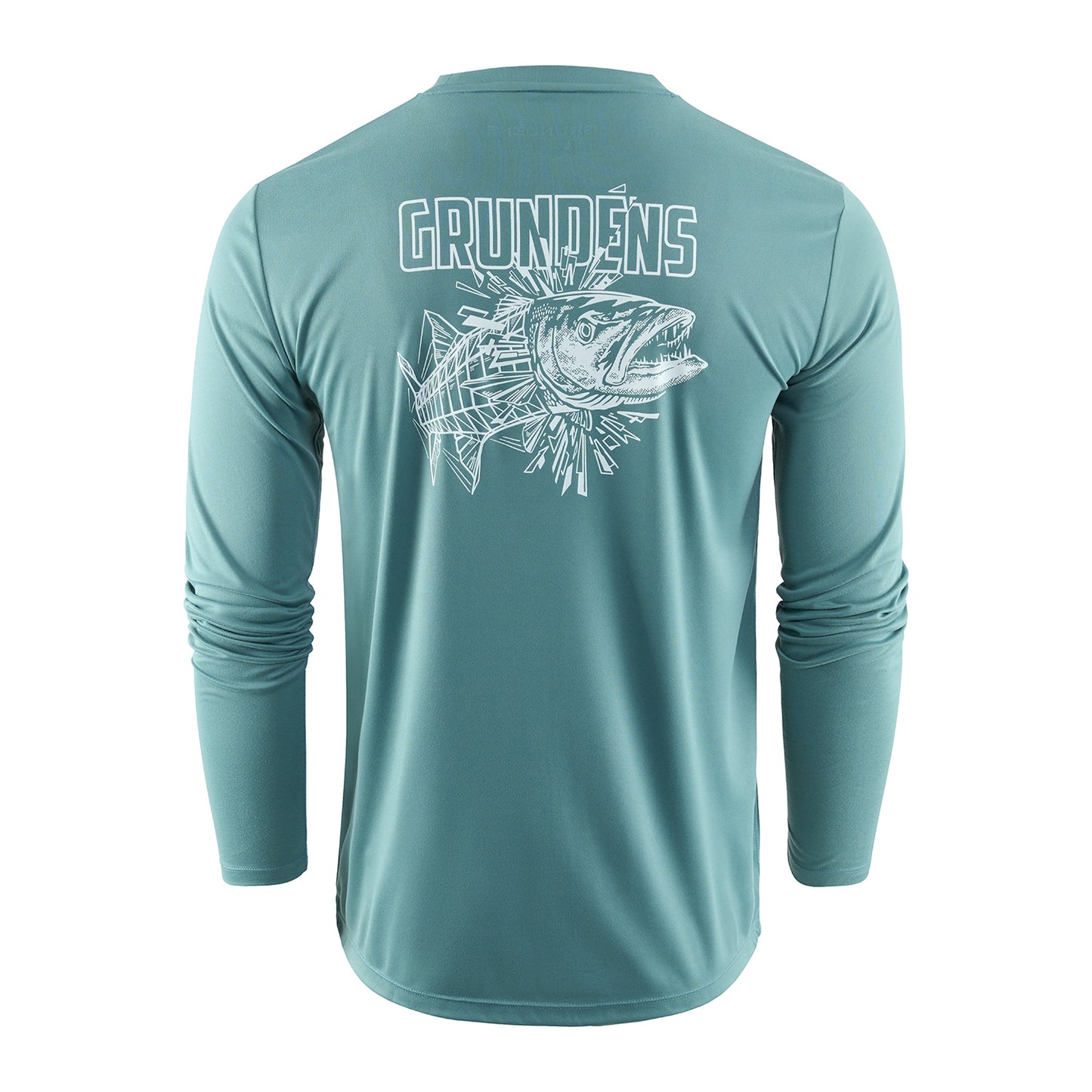Long-sleeve teal tech tee featuring a graphic of a fish and the word "GRUNDÉNS" on the back.