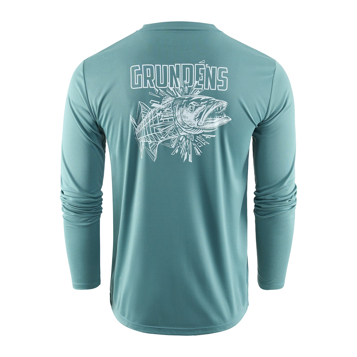Long-sleeve teal tech tee featuring a graphic of a fish and the word "GRUNDÉNS" on the back.