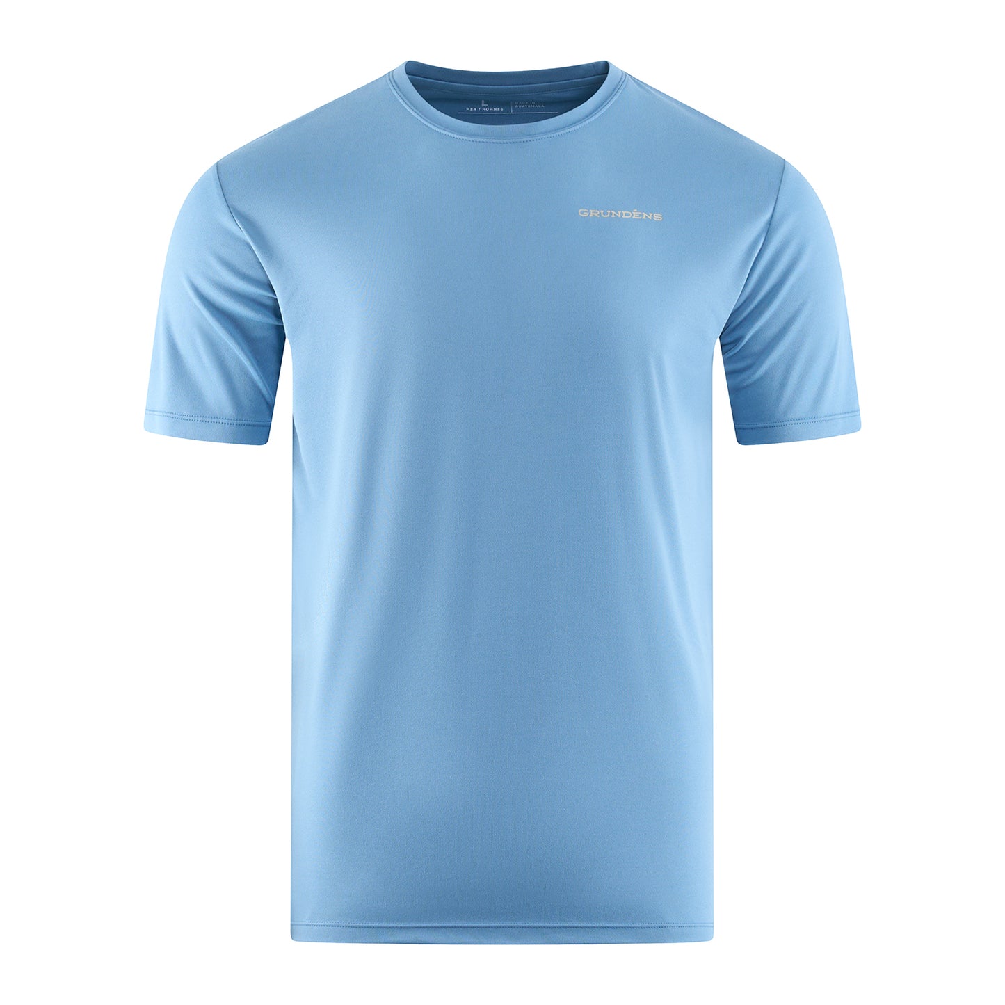 Light blue short-sleeve technical t-shirt with a crew neck and a small logo on the chest.