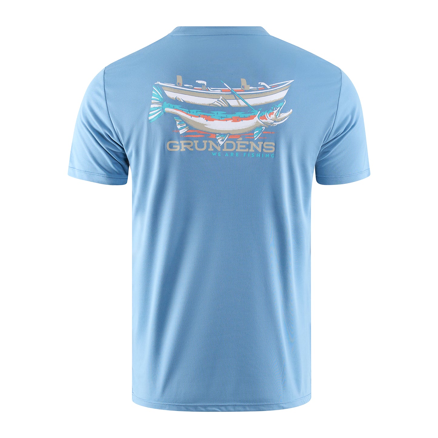 Light blue short-sleeve tee featuring a fishing boat and fish graphic on the back with "GRUNDENS WE ARE FISHING" text.