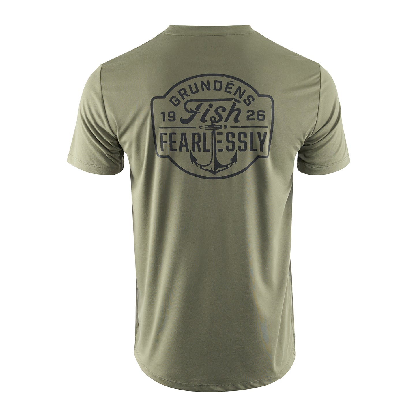 Short-sleeve olive green tech tee featuring a graphic design with "Fish Fearlessly" on the back.