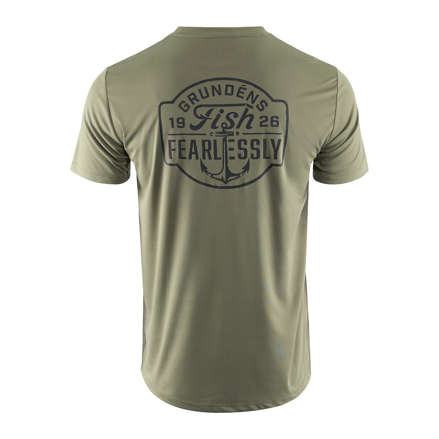 Short-sleeve olive green tech tee featuring a graphic design with "Fish Fearlessly" on the back.