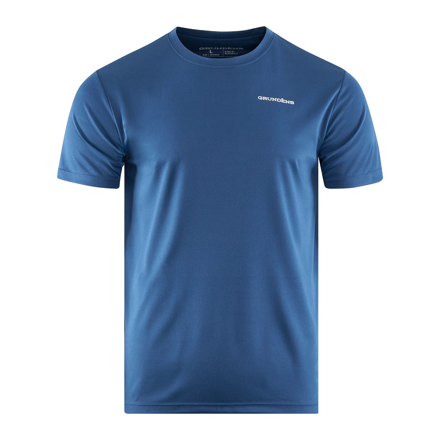 Short-sleeve blue technical t-shirt with a crew neck and a small logo on the chest.