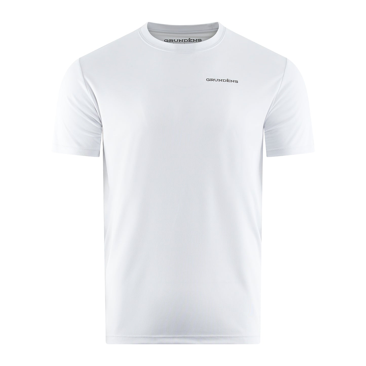 White short-sleeve t-shirt with a round neckline and "GRUNDÉNS" logo on the chest.