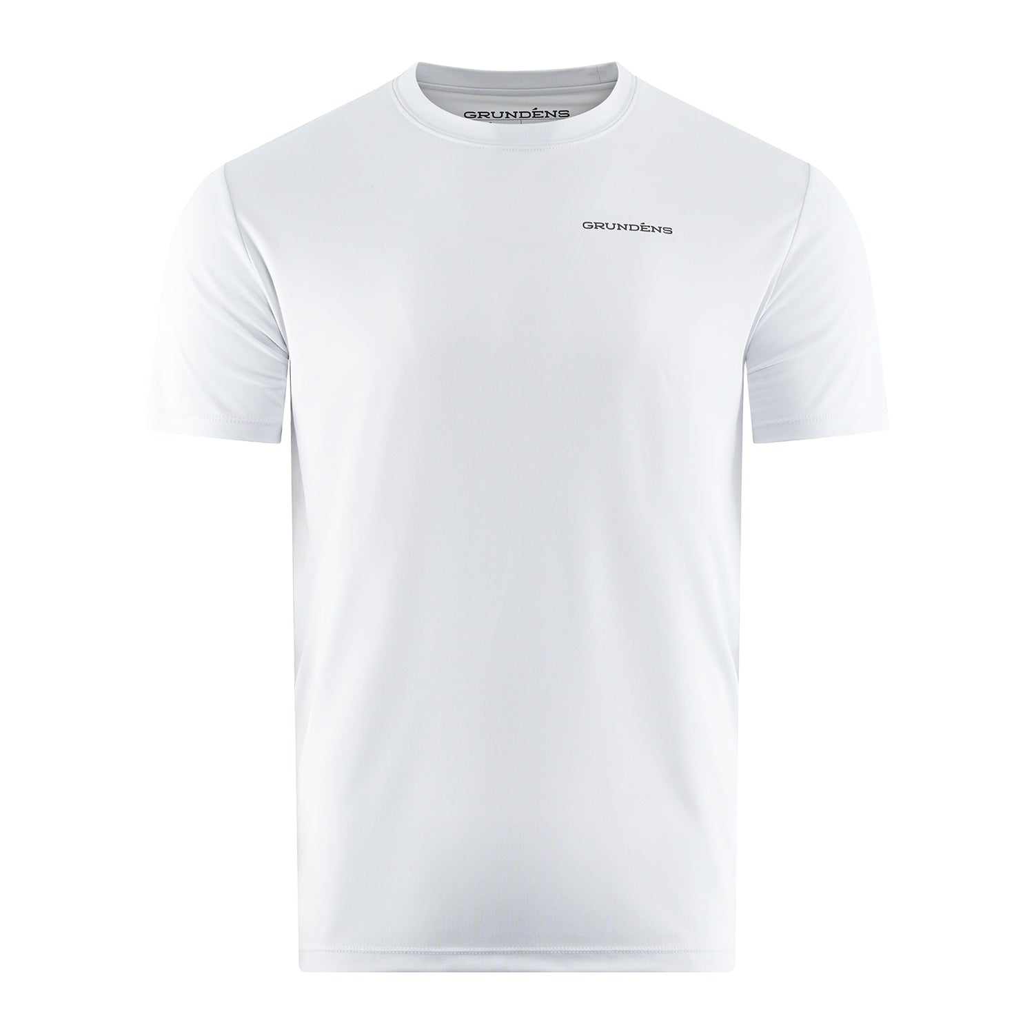 White short-sleeve t-shirt with a round neckline and "GRUNDÉNS" logo on the chest.