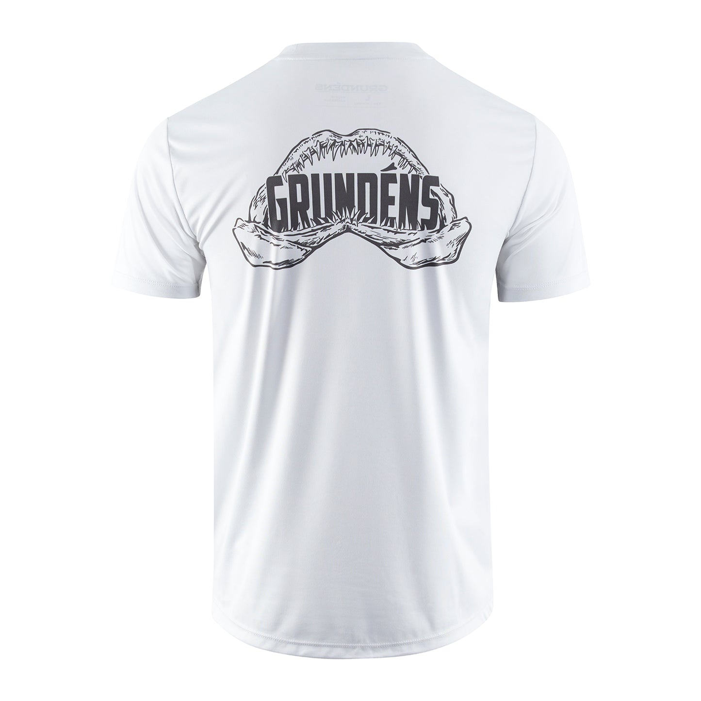 White short-sleeve tech tee featuring a graphic of a shark jaw and the word "GRUNDENS" on the back.