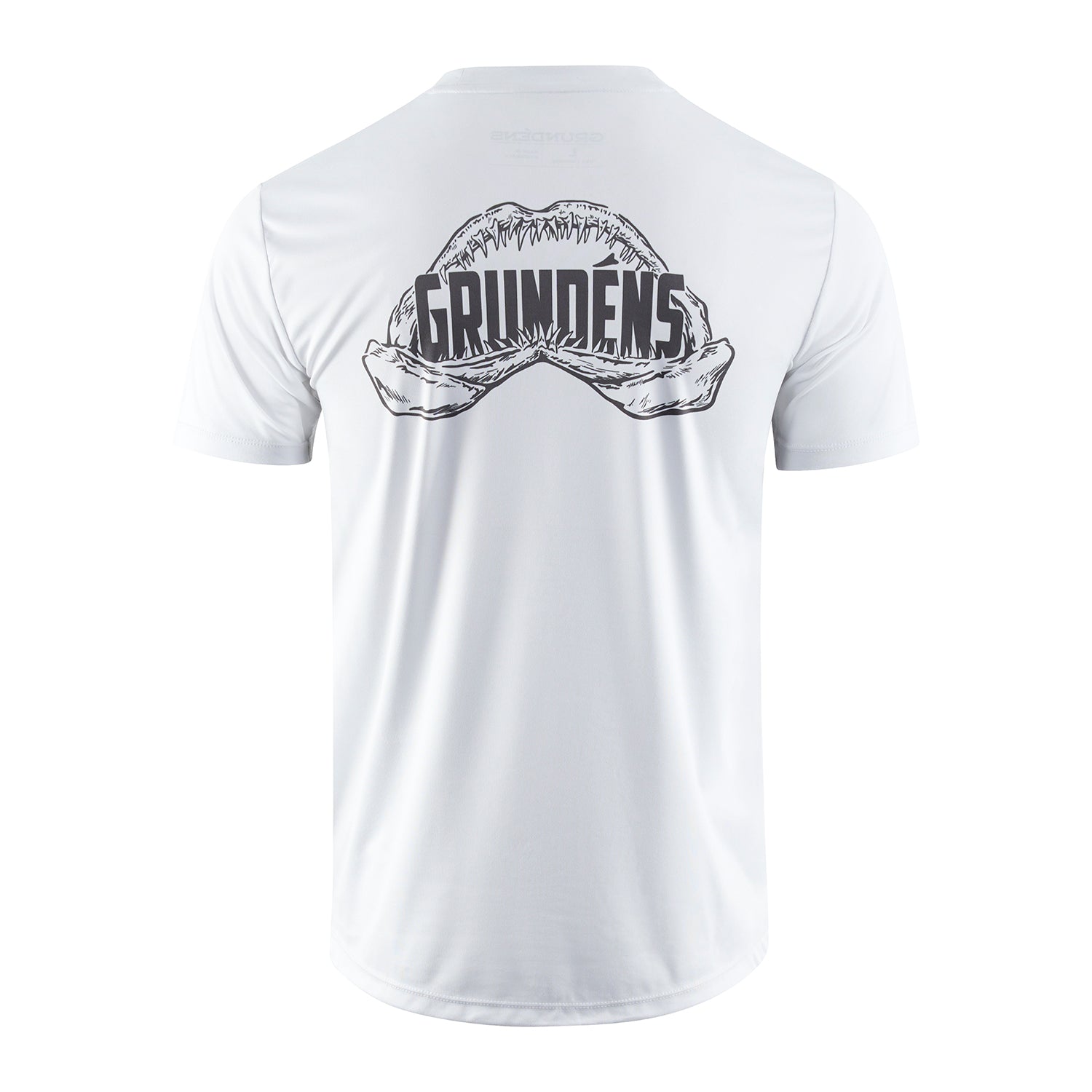 White short-sleeve tech tee featuring a graphic of a shark jaw and the word "GRUNDENS" on the back.