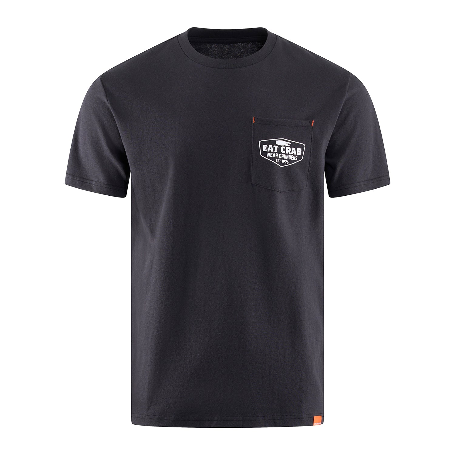 Dark gray short-sleeve t-shirt featuring a pocket with a "Eat Crab" graphic.