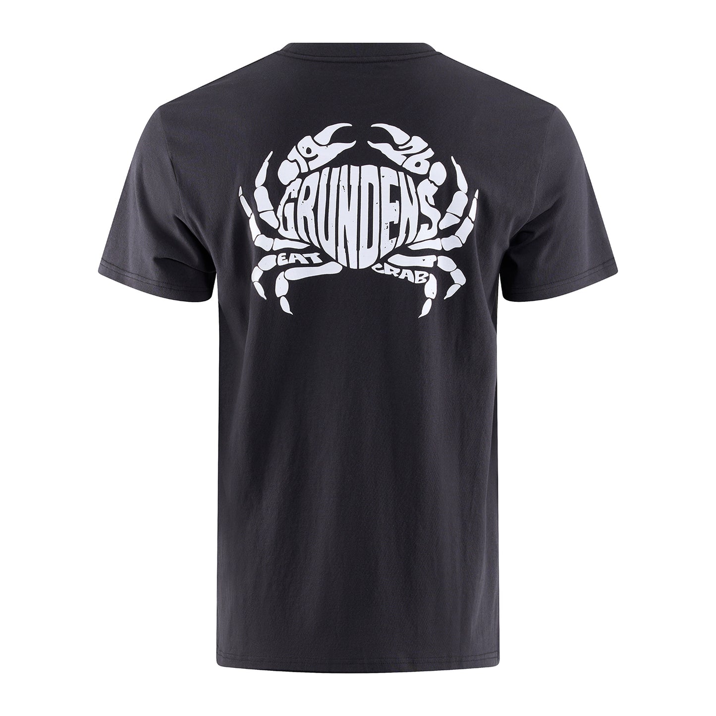 Black t-shirt featuring a large white crab graphic and the text "GRUNDENS EAT CRAB" on the back.