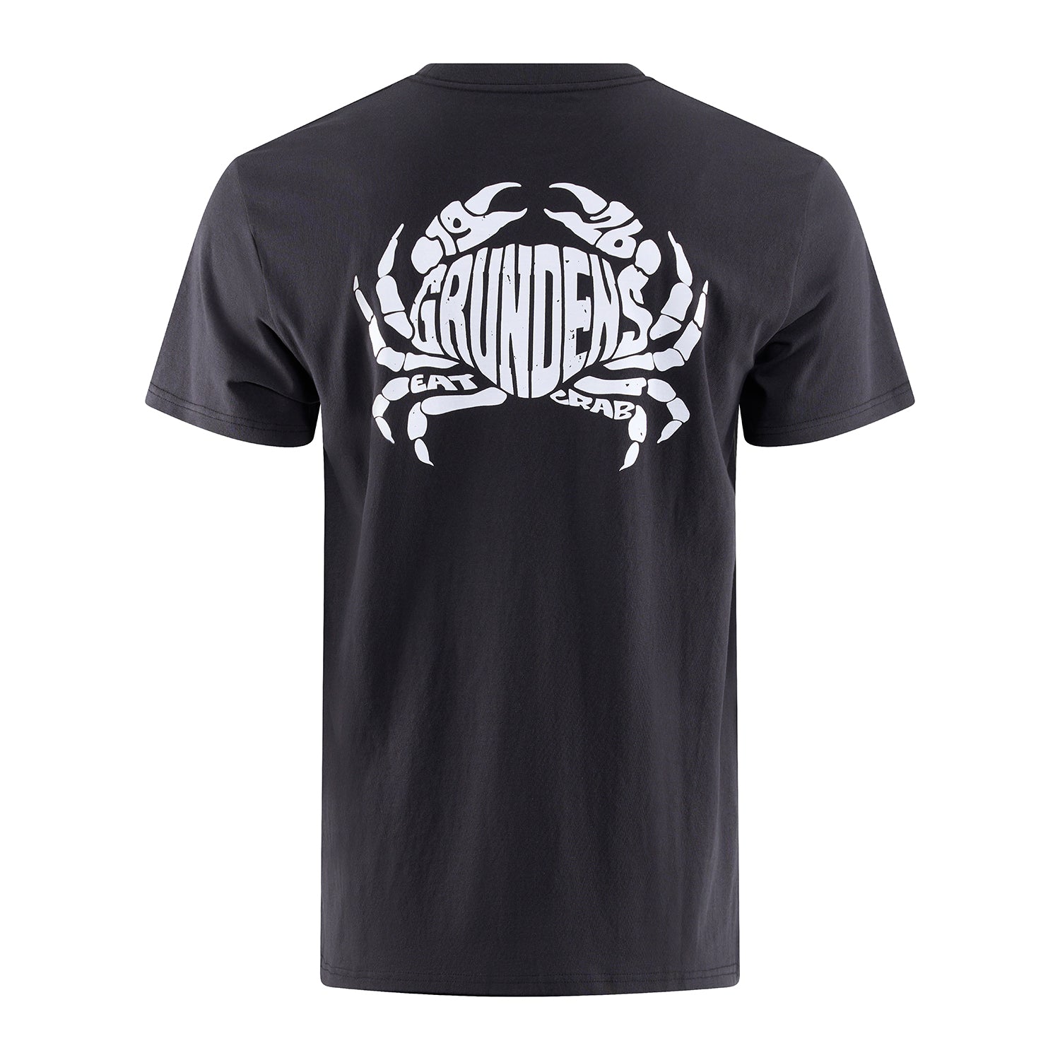 Black t-shirt featuring a large white crab graphic and the text "GRUNDENS EAT CRAB" on the back.