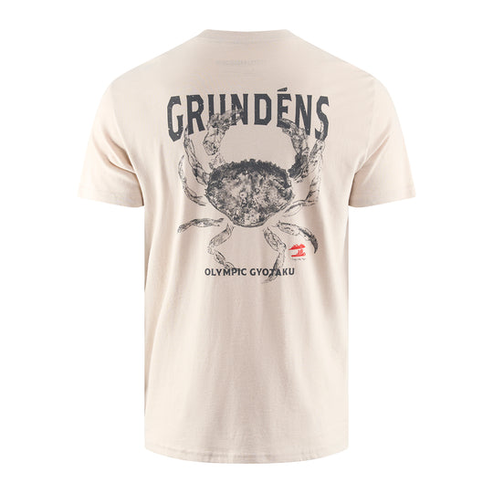 Beige t-shirt featuring a black crab graphic and "GRUNDÉNS OLYMPIC GYOTAKU" text on the back.