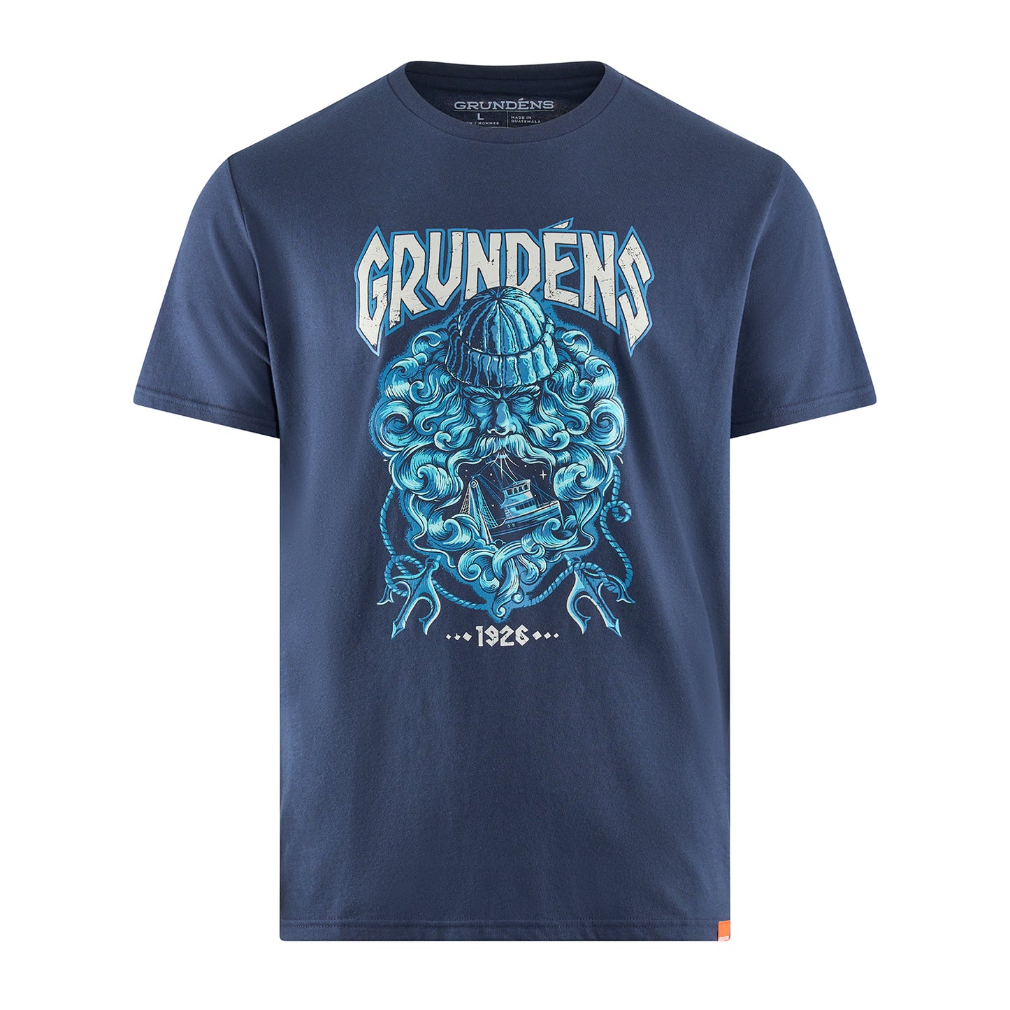 Navy blue short-sleeve t-shirt featuring a graphic design of a bearded figure and a boat.