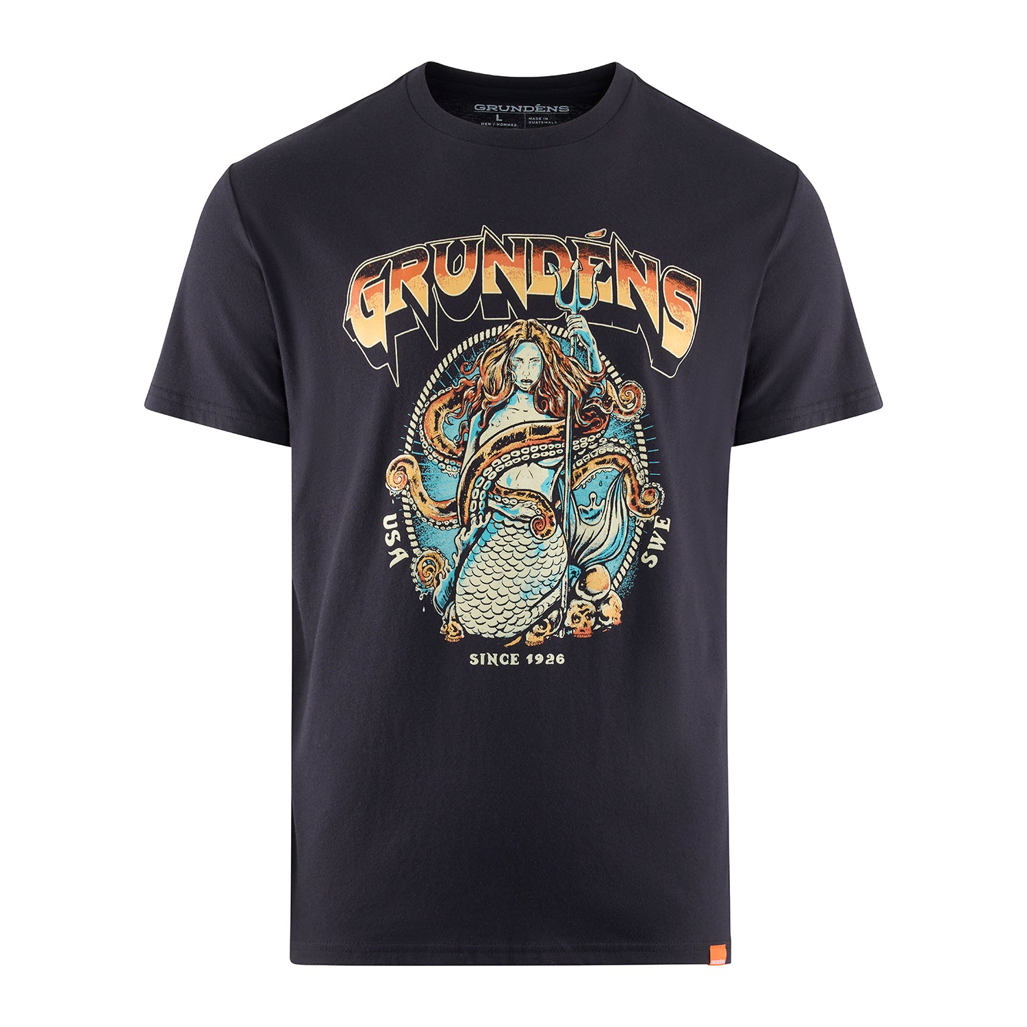 Navy blue short-sleeve t-shirt featuring a graphic design of a mermaid and octopus with the brand name "Grundéns."