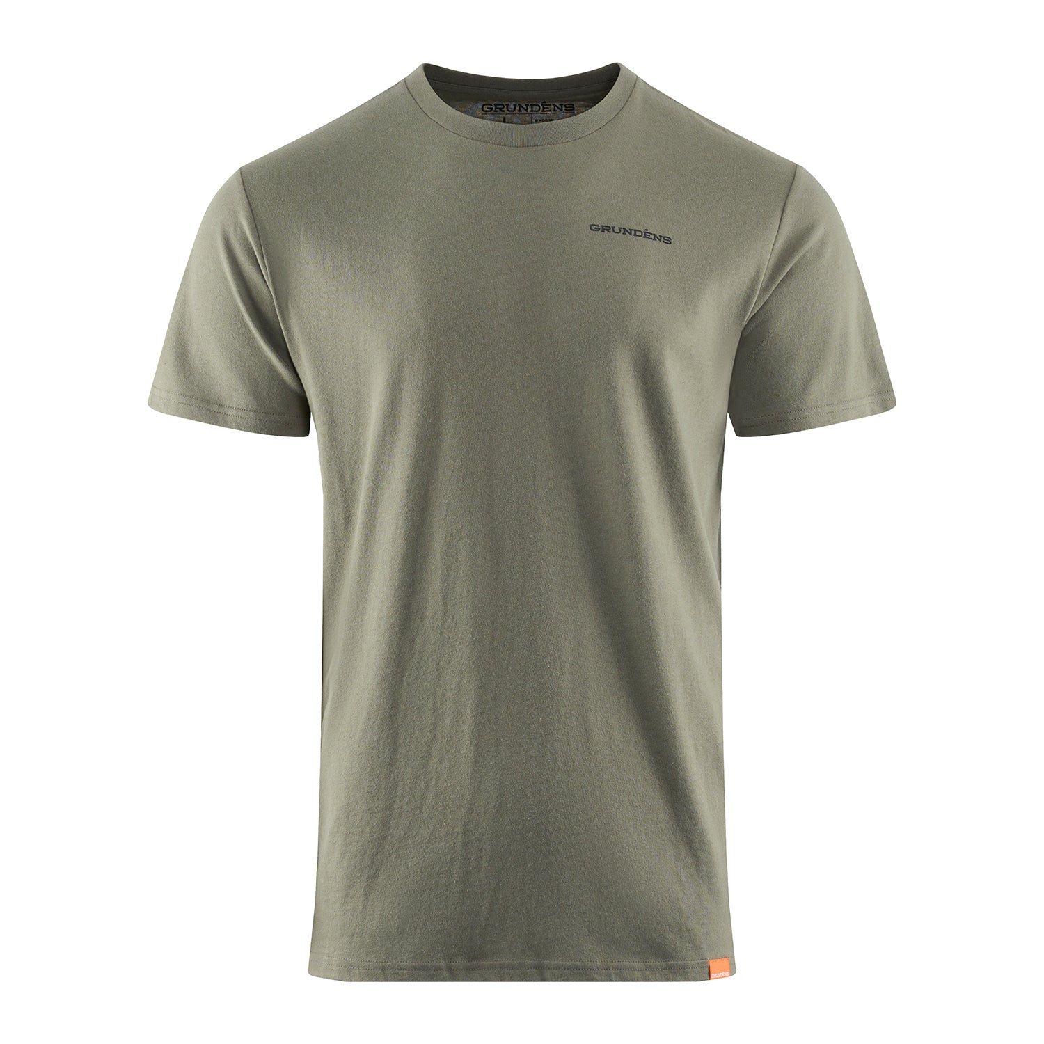 Olive green short-sleeve t-shirt with a small logo on the chest and a tag on the hem.