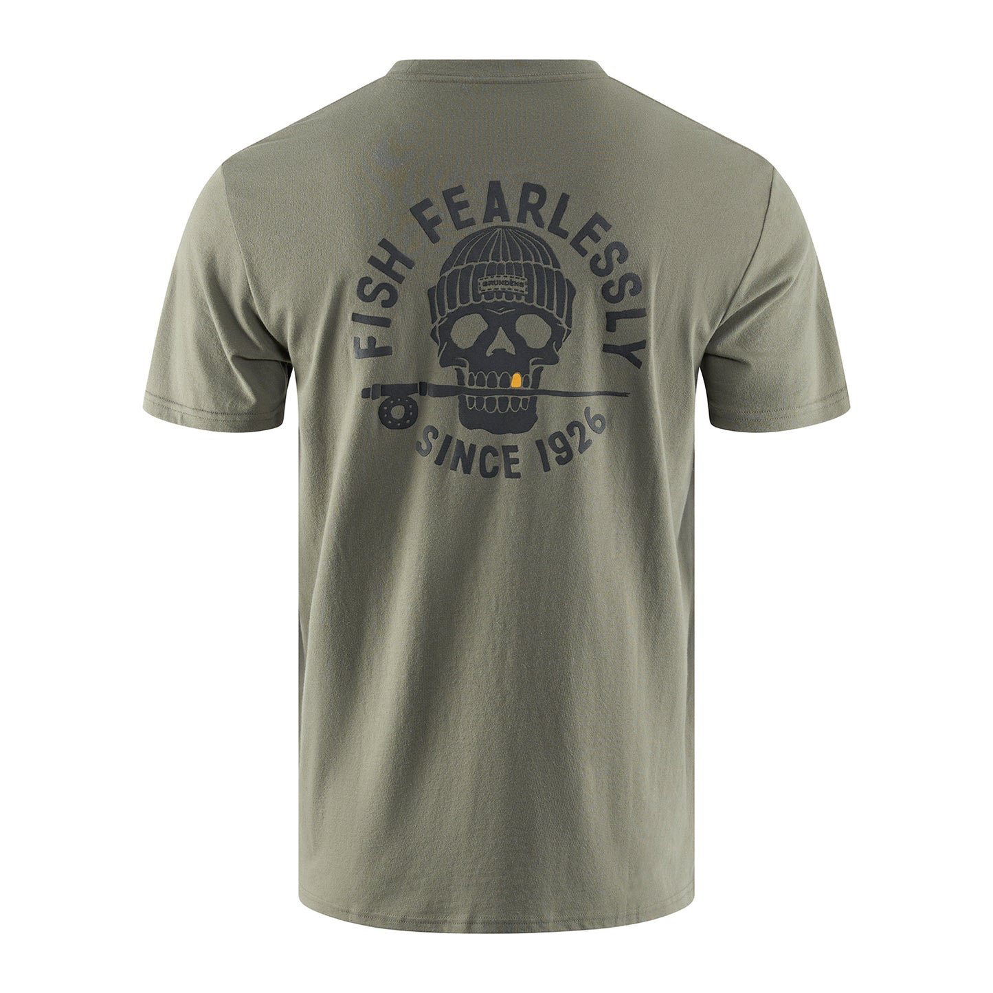 Olive green short-sleeve t-shirt featuring a skull graphic with fishing elements and the text "FISH FEARLESSLY SINCE 1926."