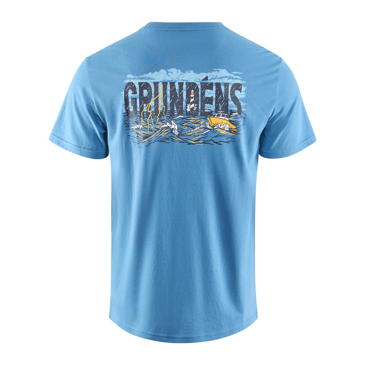 Light blue short-sleeve t-shirt featuring a graphic design of waves and a boat on the back.