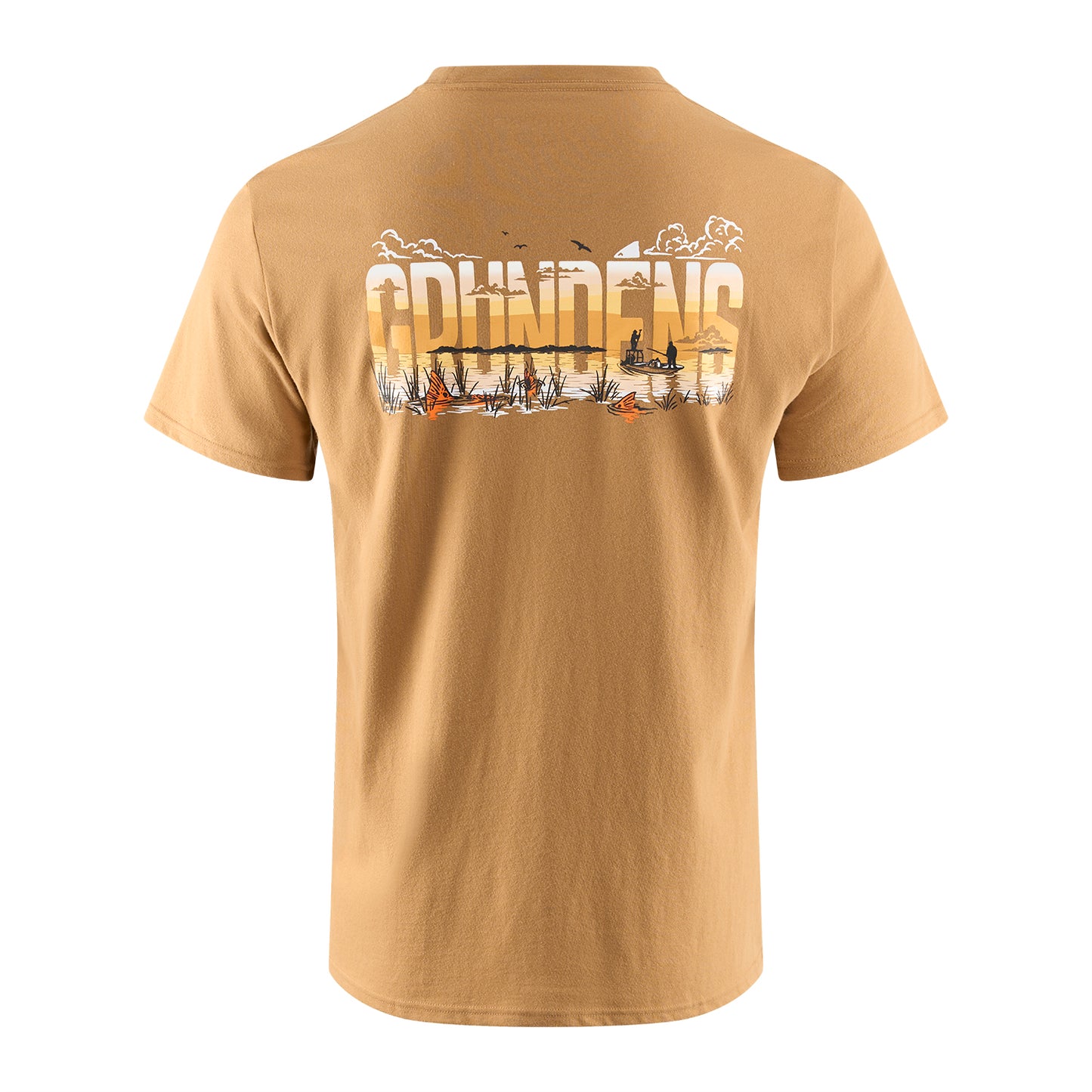 Short-sleeve tan t-shirt featuring a graphic design with the word "Grunden's" and a fishing scene on the back.