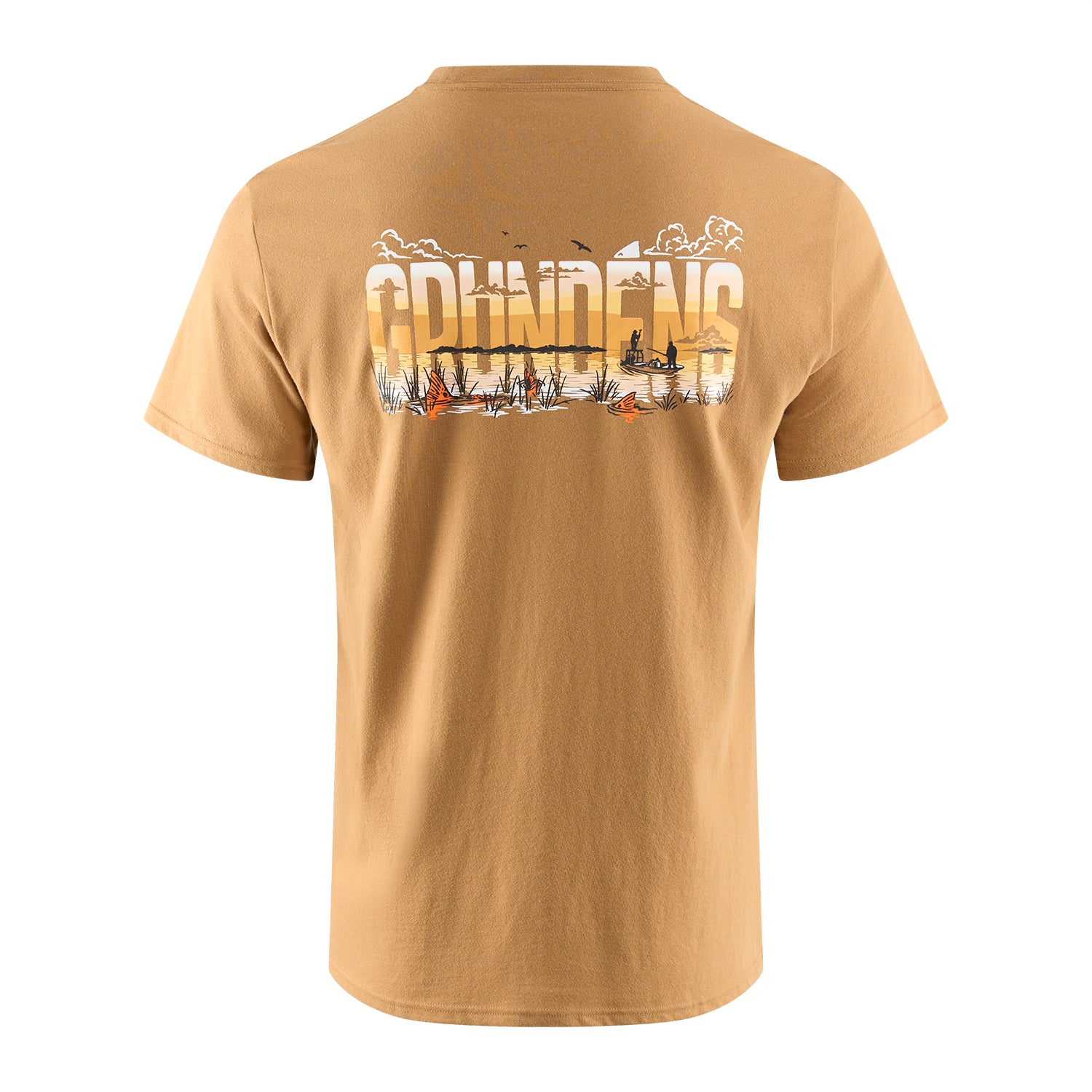 Short-sleeve tan t-shirt featuring a graphic design with the word "Grunden's" and a fishing scene on the back.