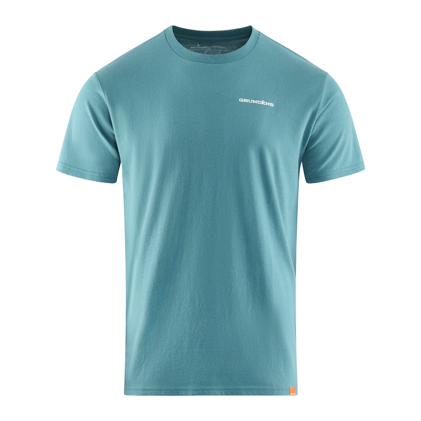 Short-sleeve t-shirt in light blue with a small white logo on the chest and an orange tag at the hem.