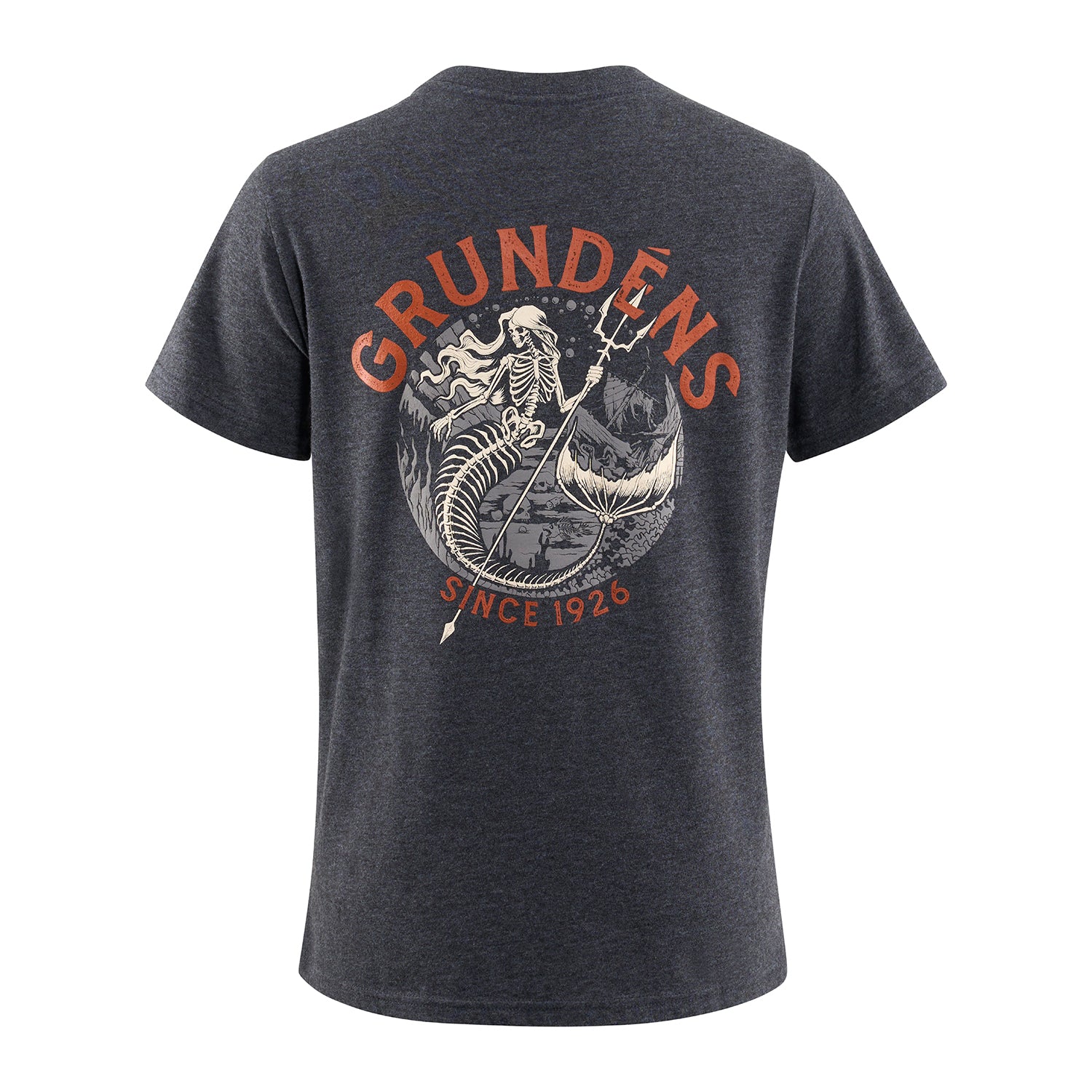 Gray short-sleeve t-shirt featuring a graphic design with a skeleton and the text "GRUNDENS SINCE 1926" on the back.