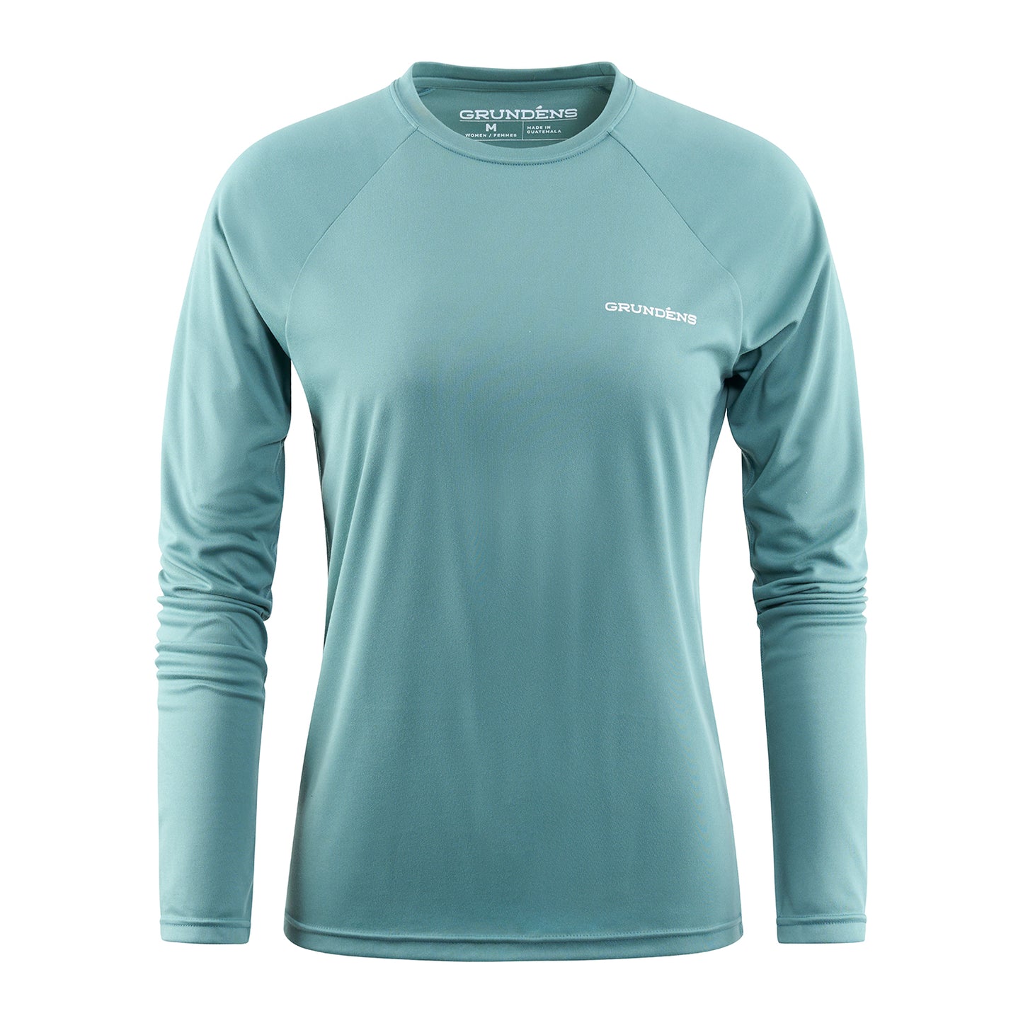 Long-sleeve teal technical tee with a crew neck and logo on the chest.