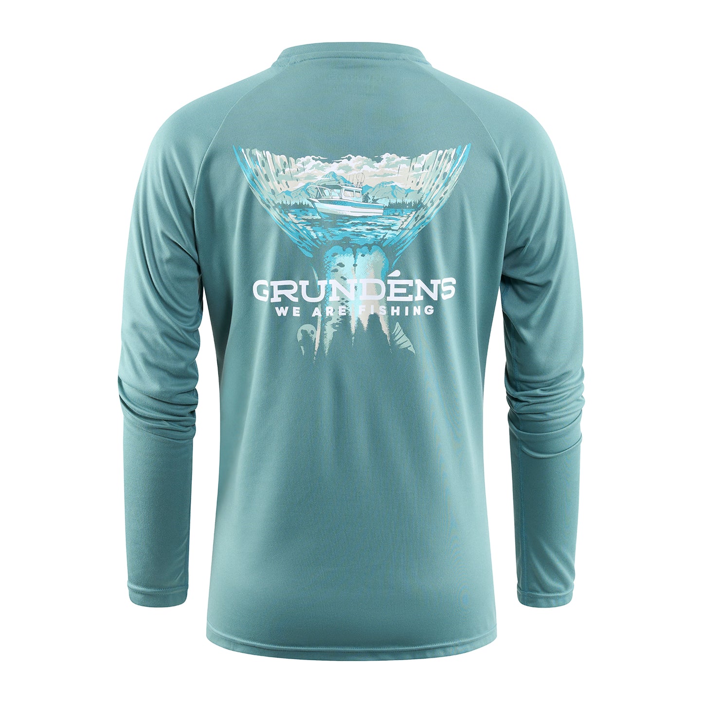 Long-sleeve teal tech tee featuring a fishing graphic and text on the back.