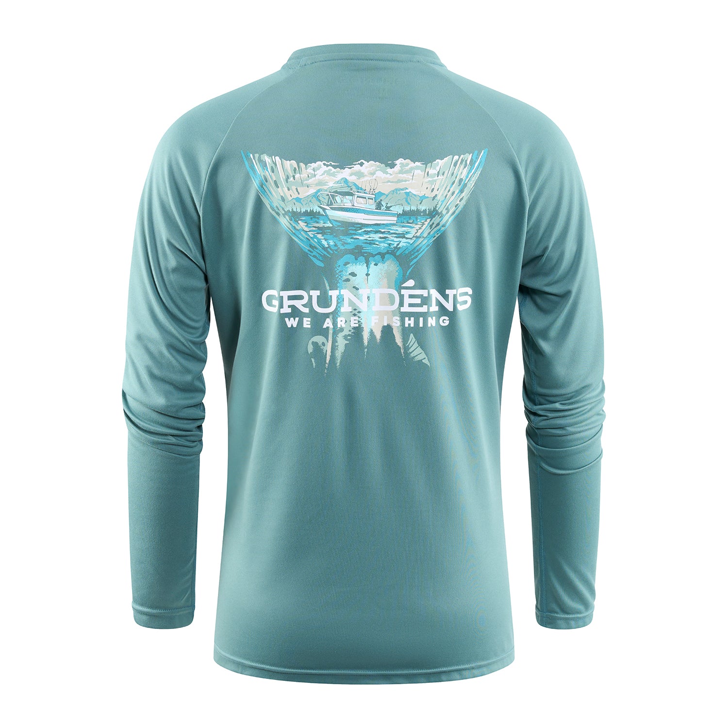 Long-sleeve teal tech tee featuring a fishing graphic and text on the back.