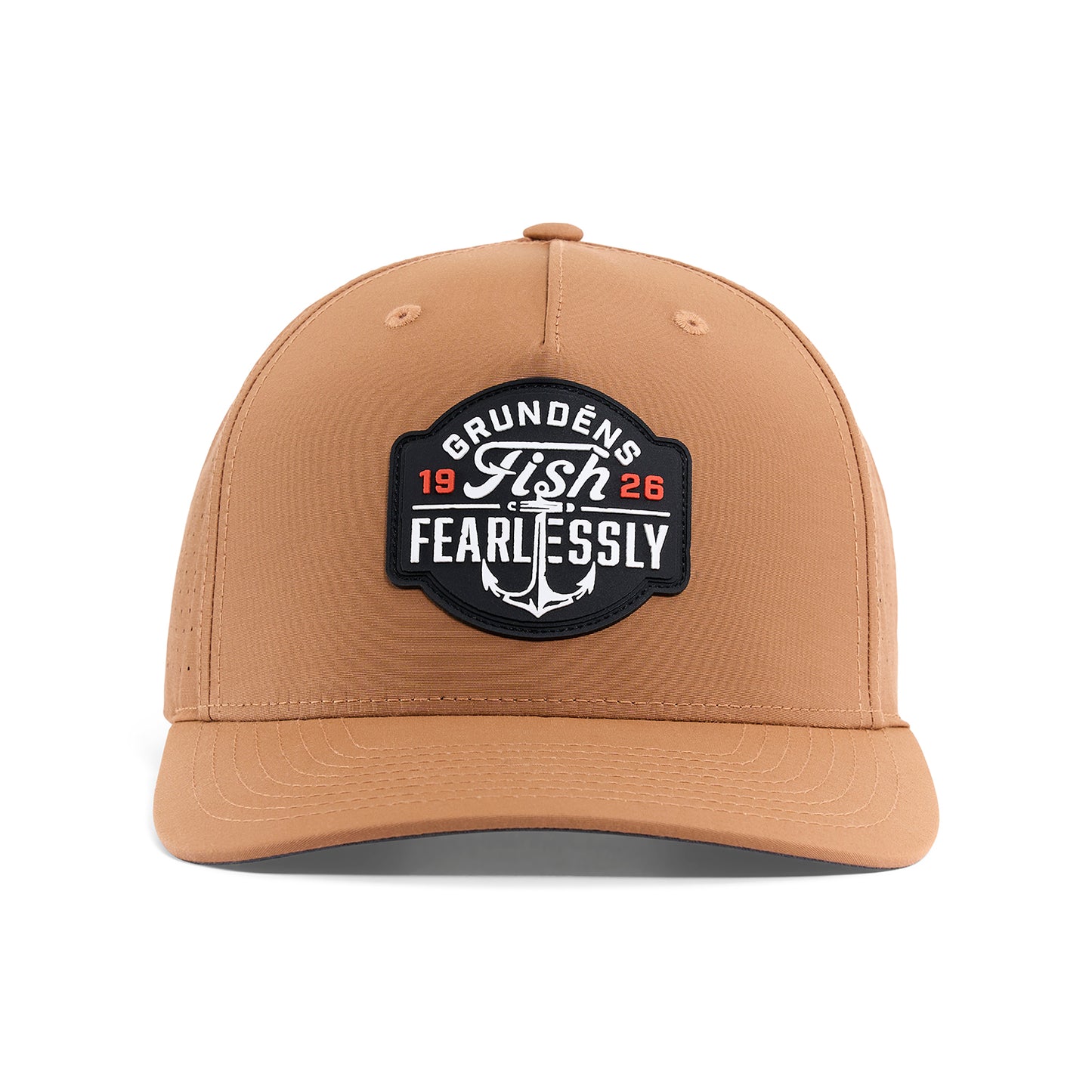 Tan baseball cap featuring a circular patch with "Fish Fearlessly" and an anchor design.