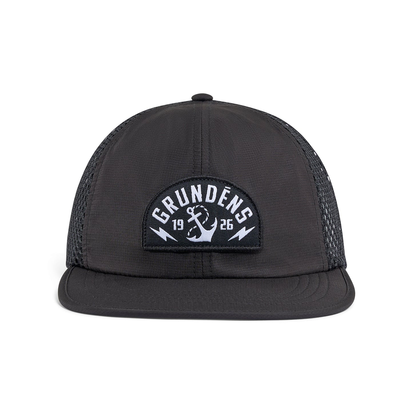 Black trucker hat with a mesh back and a patch featuring the brand name and an anchor design.